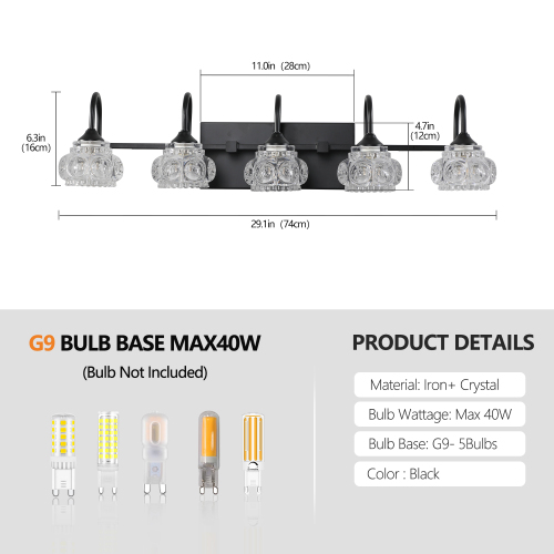 29" Nickel Finish Vintage Crystal Vanity Light - Elegant 5-Light Bathroom Mirror Fixture with Clear Glass Shades (No Bulbs)、、eastwooduniform