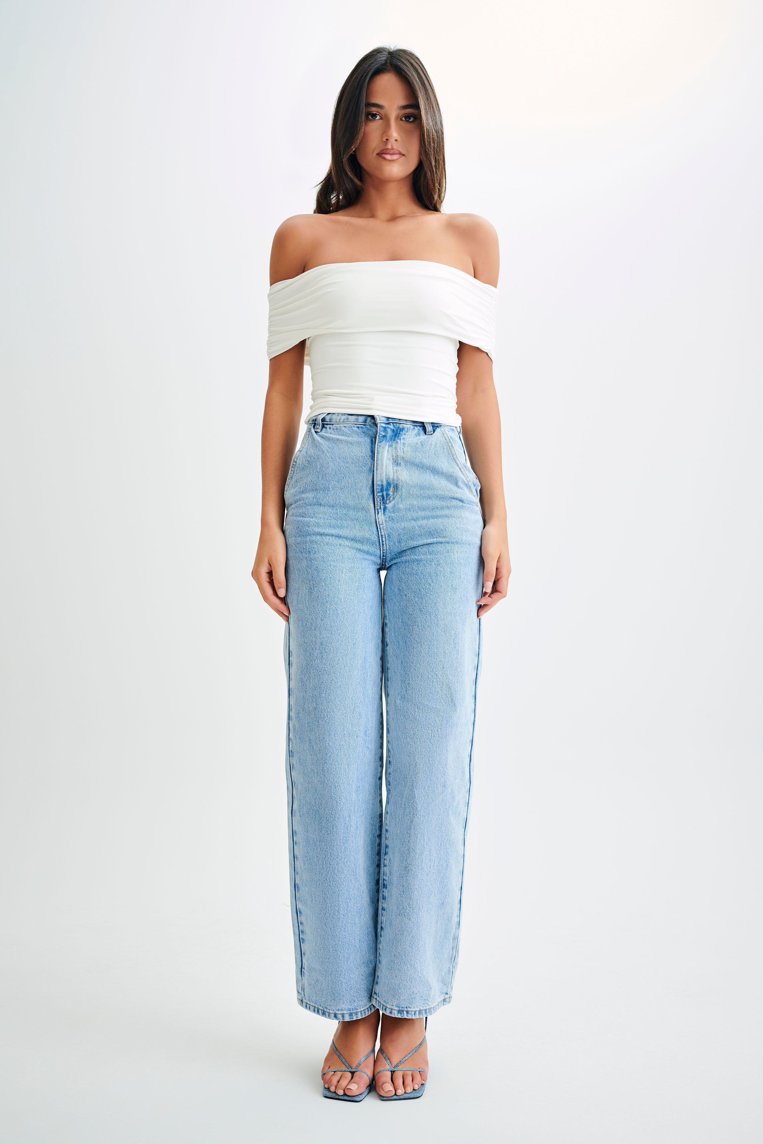 Meena Recycled Nylon Off Shoulder Top - White、mySite、solidvoid