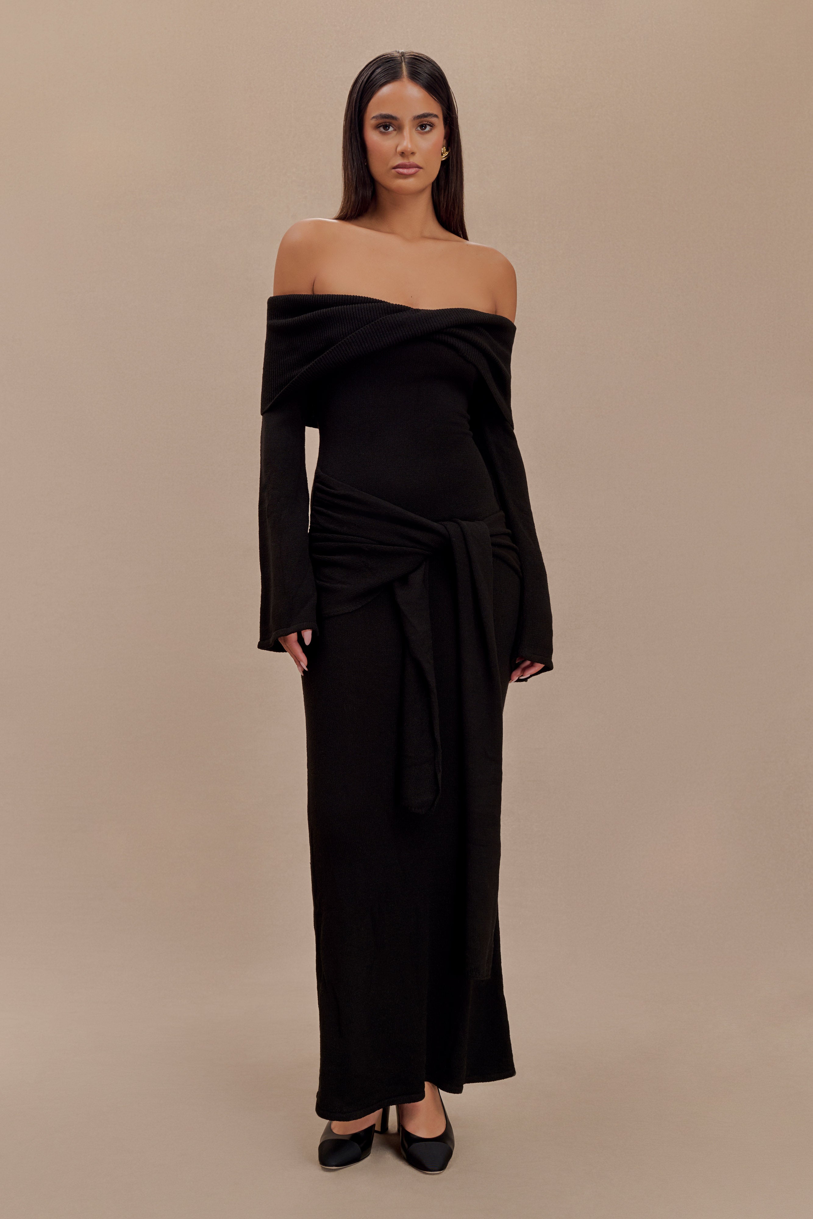 Cameron Off Shoulder Tie Maxi Dress - Black、mySite、solidvoid