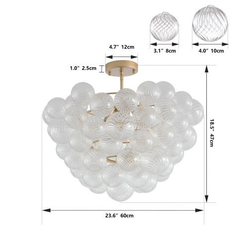 27.5-Inch Gold Pendant Light Chandelier with Threaded Clear Glass Globe Shade – Adjustable Height, Ideal for Living Room, Dining Room, Kitchen (No Bulbs)、、eastwooduniform