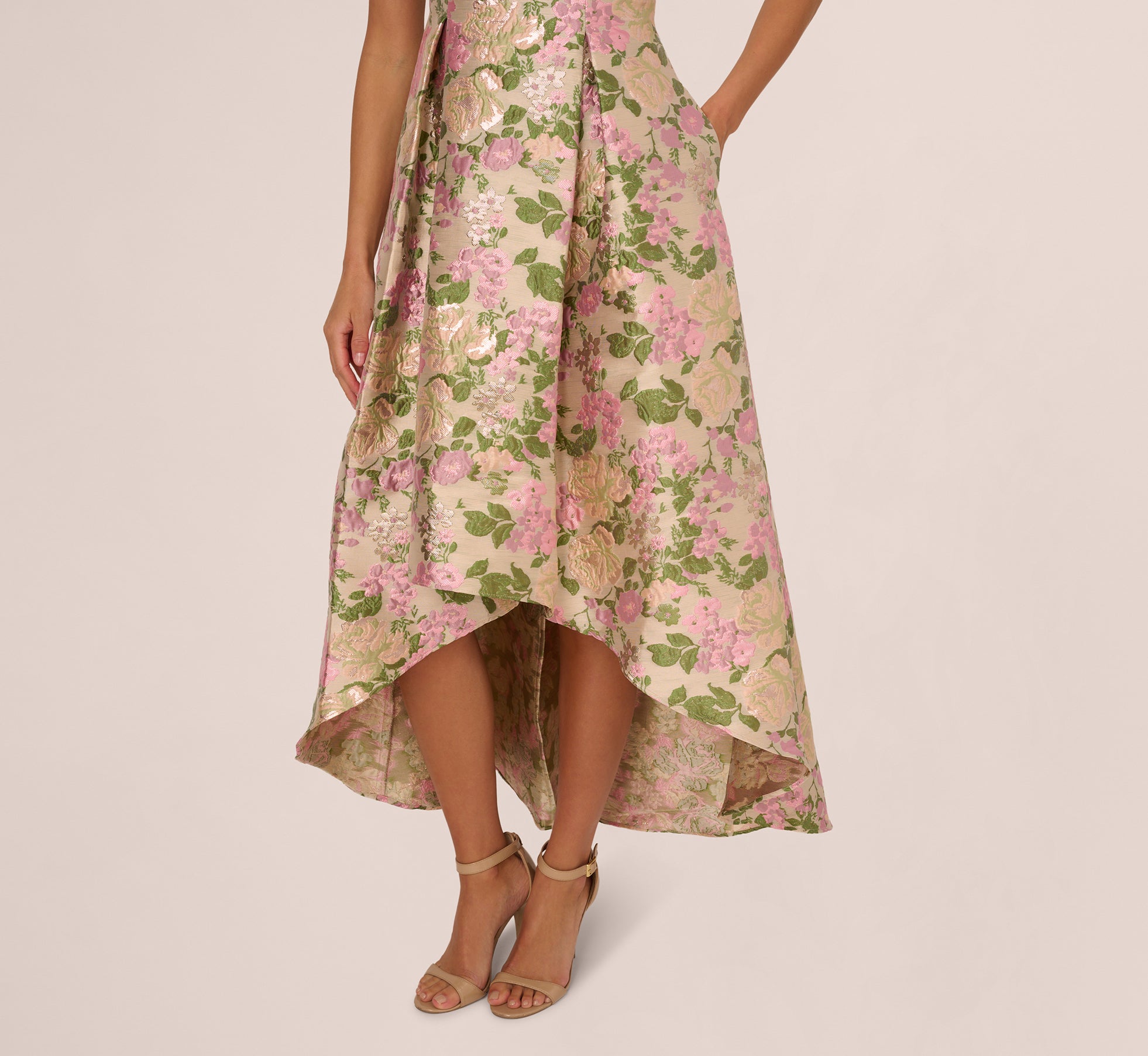 One Shoulder Metallic Floral Jacquard High Low Gown In Pink Green Multi、mySite、solidvoid