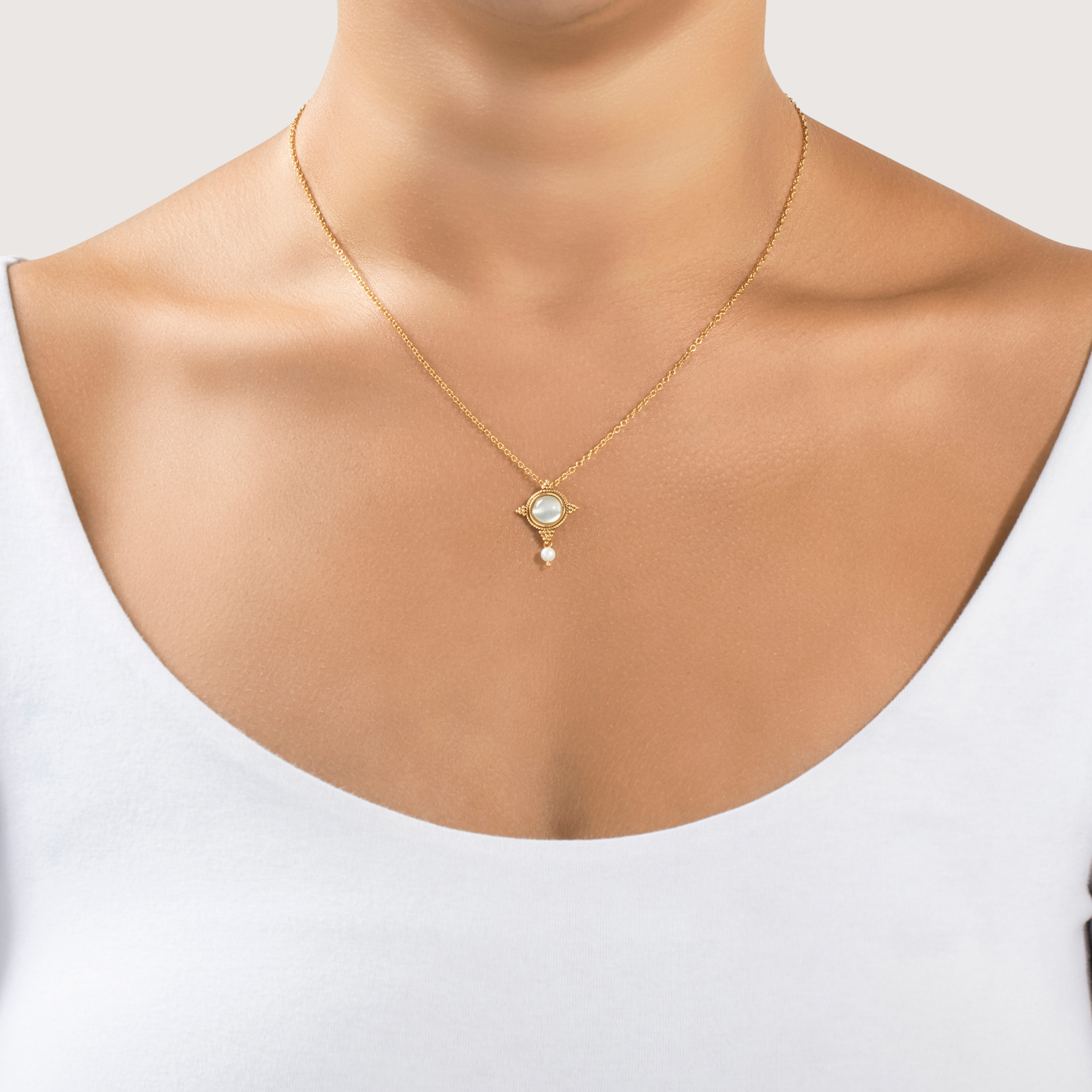 Vintage 14k Yellow Gold 1.5ct Moonstone Pearl Elegant Necklace 18、mySite、hinf8tx79