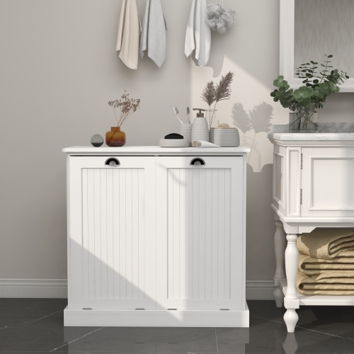Two-Compartment Tilt-Out Laundry Sorter Cabinet-White、、casual