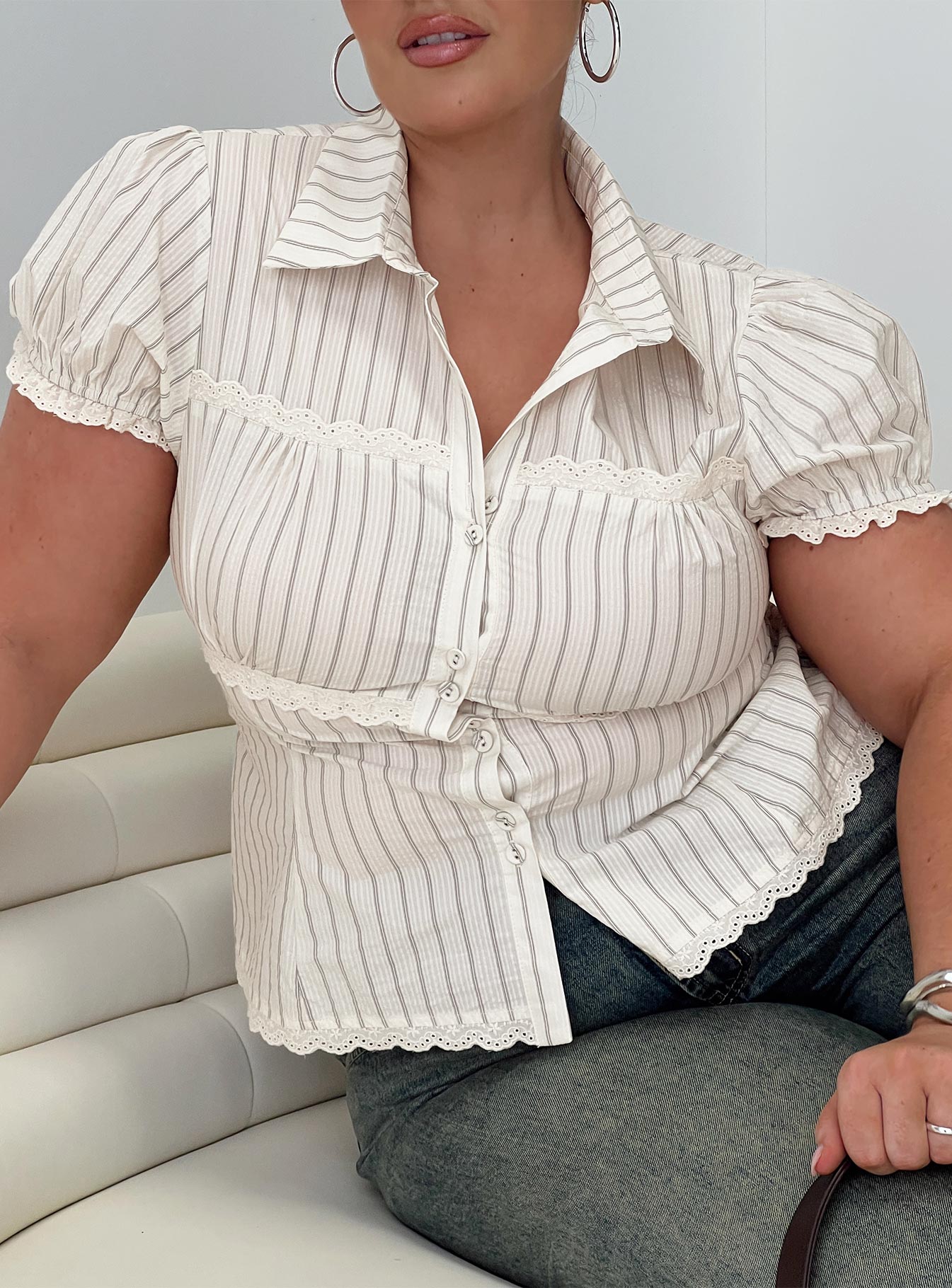 Deserve You Puff Sleeve Button Front Top Cream Stripe Curve、mySite、solidvoid