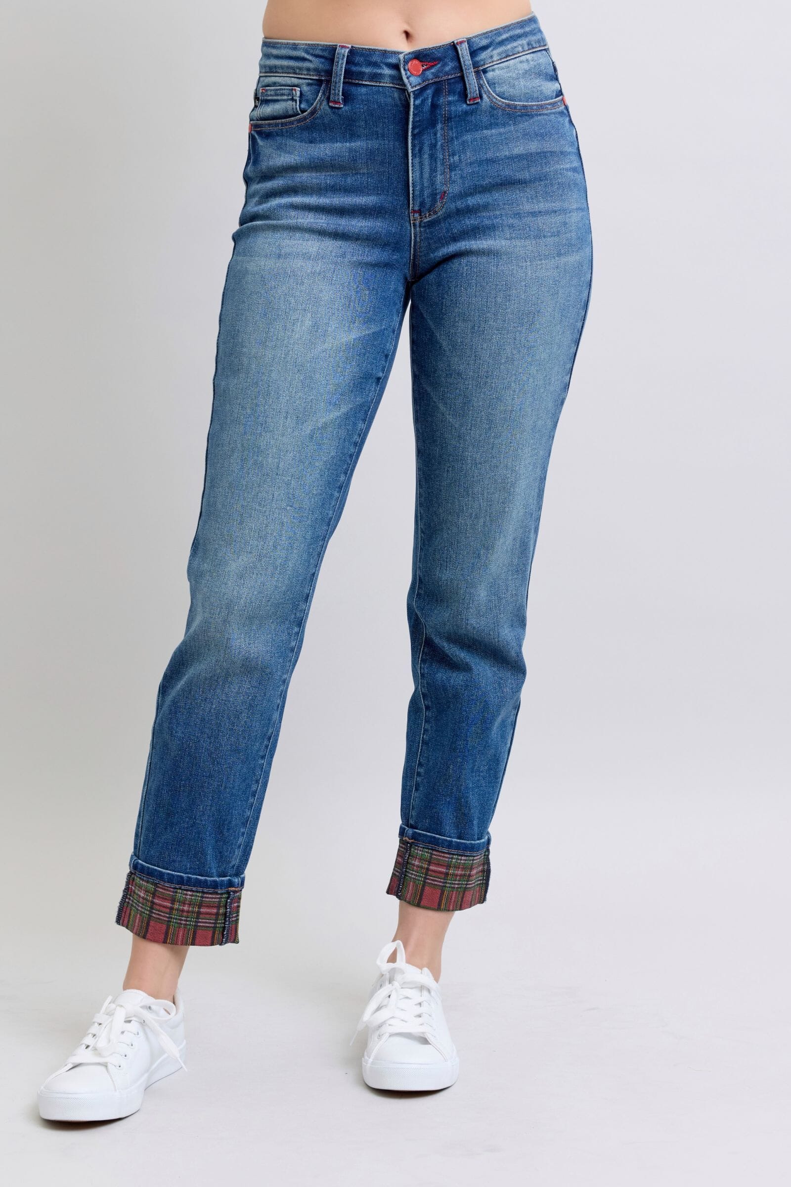 Judy Blue Full Size Plaid Print Cuff Straight Leg Jeans with Pockets、mySite、camillekostekn