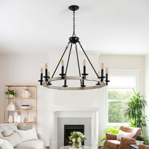 32" Rustic Farmhouse 10-Light Candle Chandelier, Black Metal and Wood Round Hanging Light Fixture for Dining Room, Kitchen, Living Room, Adjustable Height, E12 Bulb Base (No Bulbs)、、eastwooduniform