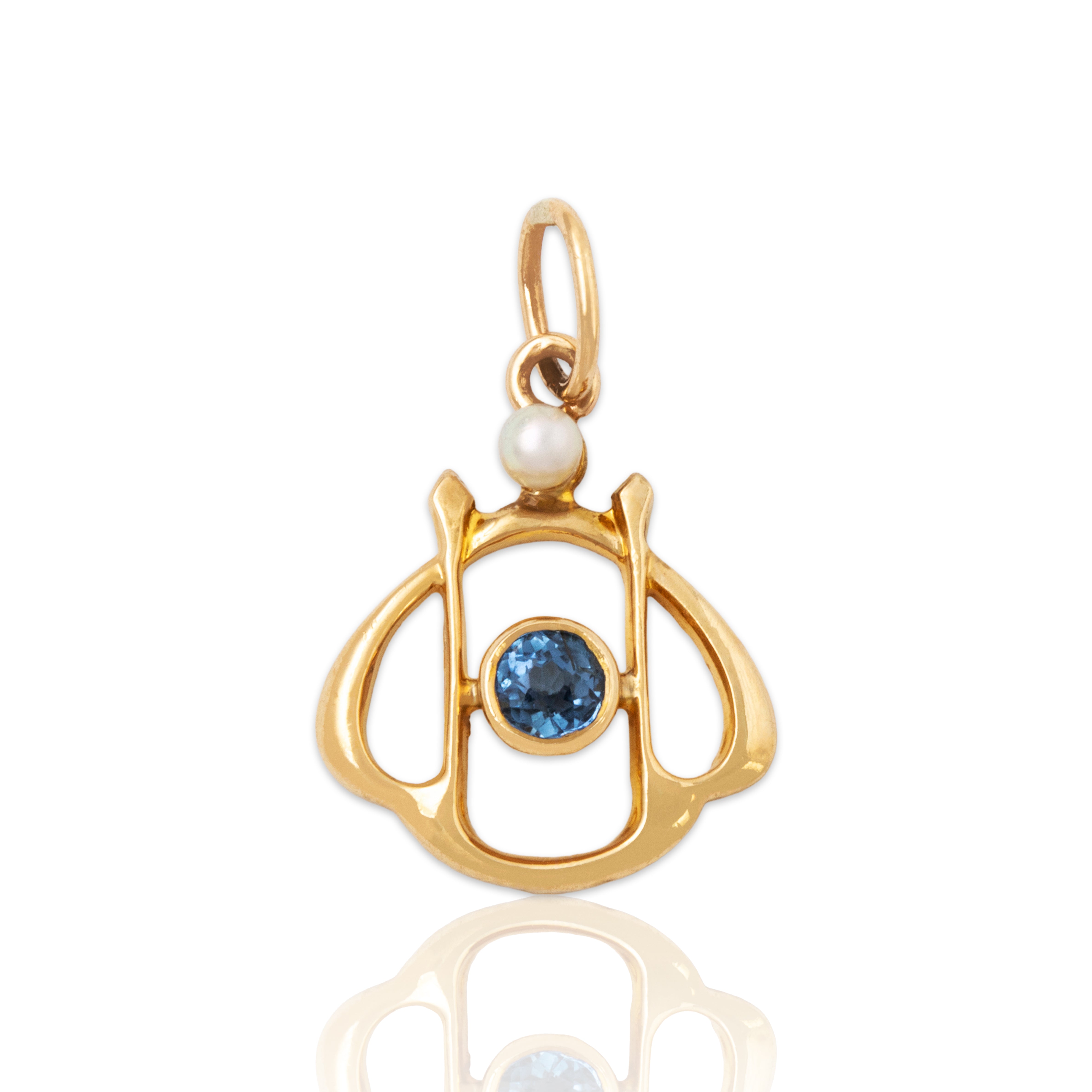 Antique Art Nouveau 14k Gold Blue Synthetic Sapphire Pearl Charm / Pendant、mySite、hinf8tx79