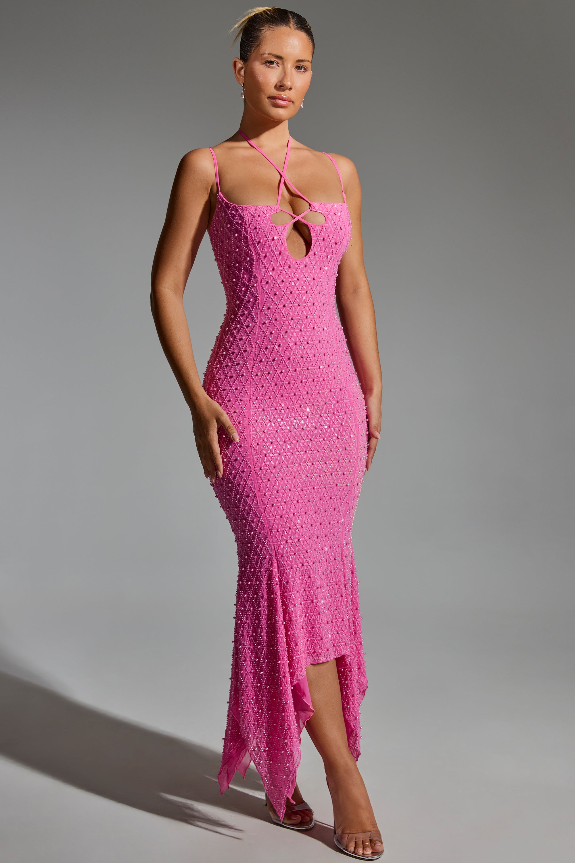 Embellished Cut-Out Asymmetric Midaxi Dress in Hot Pink、mySite、solidvoid