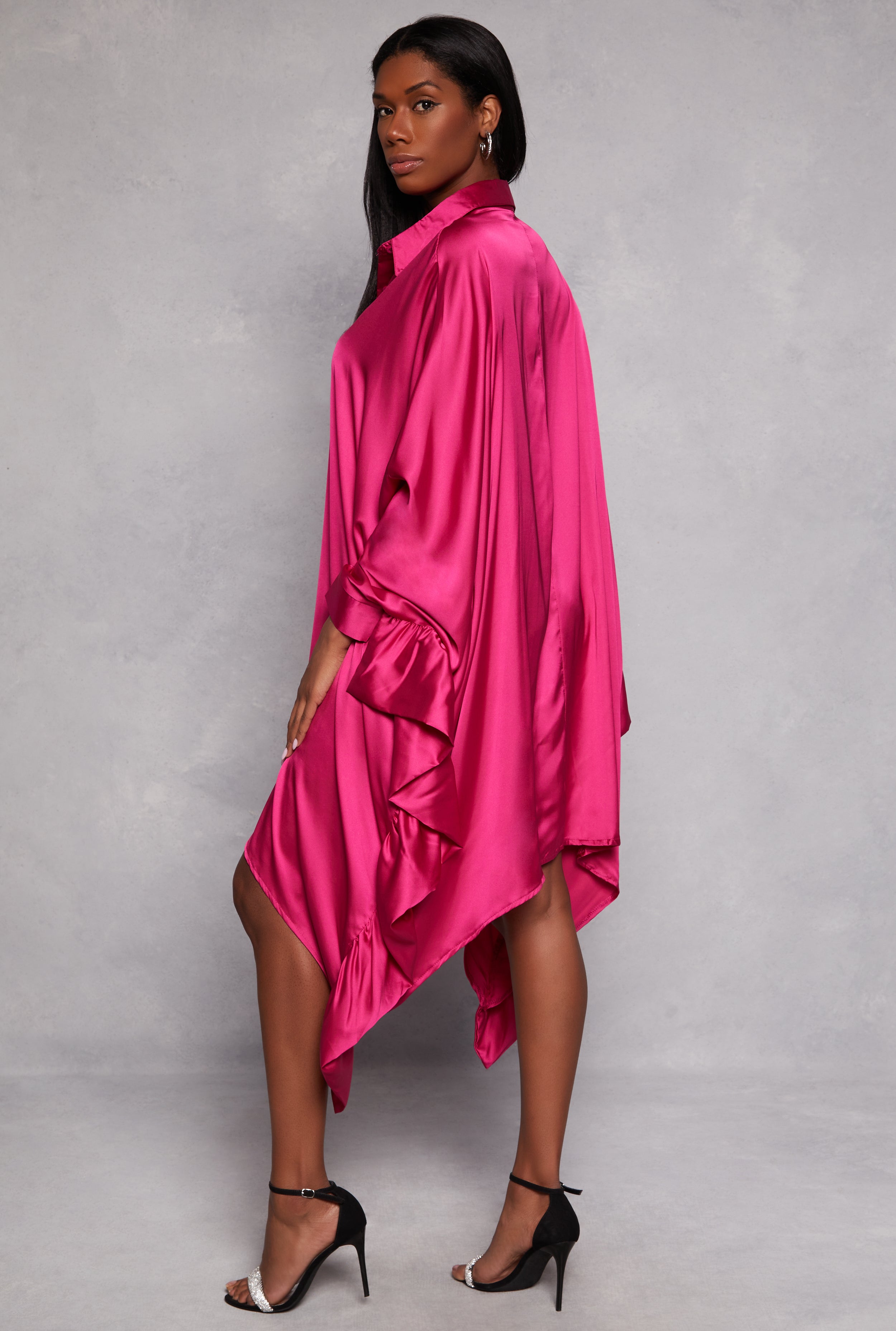 Satin Oversized Ruffled Batwing Shirt Dress、mySite、camillekostekn