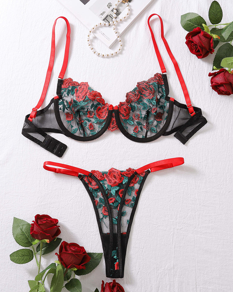 Floral Embroidery See-Through Bra Set、mySite、bengalsvssteelers