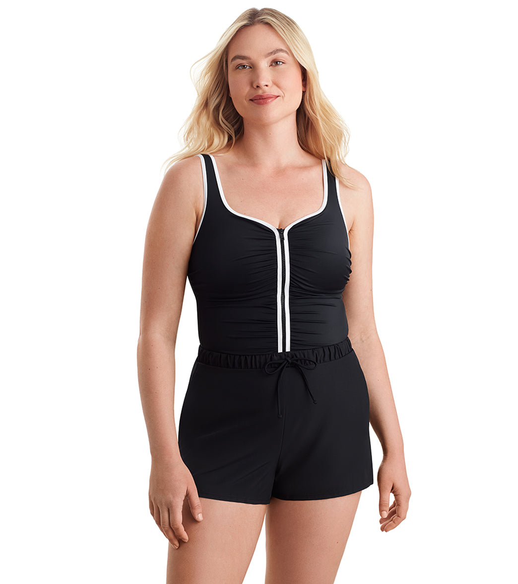 Shape Solver SPORT Women's Fashion Solids Shirred Zipper Runaround One Piece Swimsuit、mySite、noshort