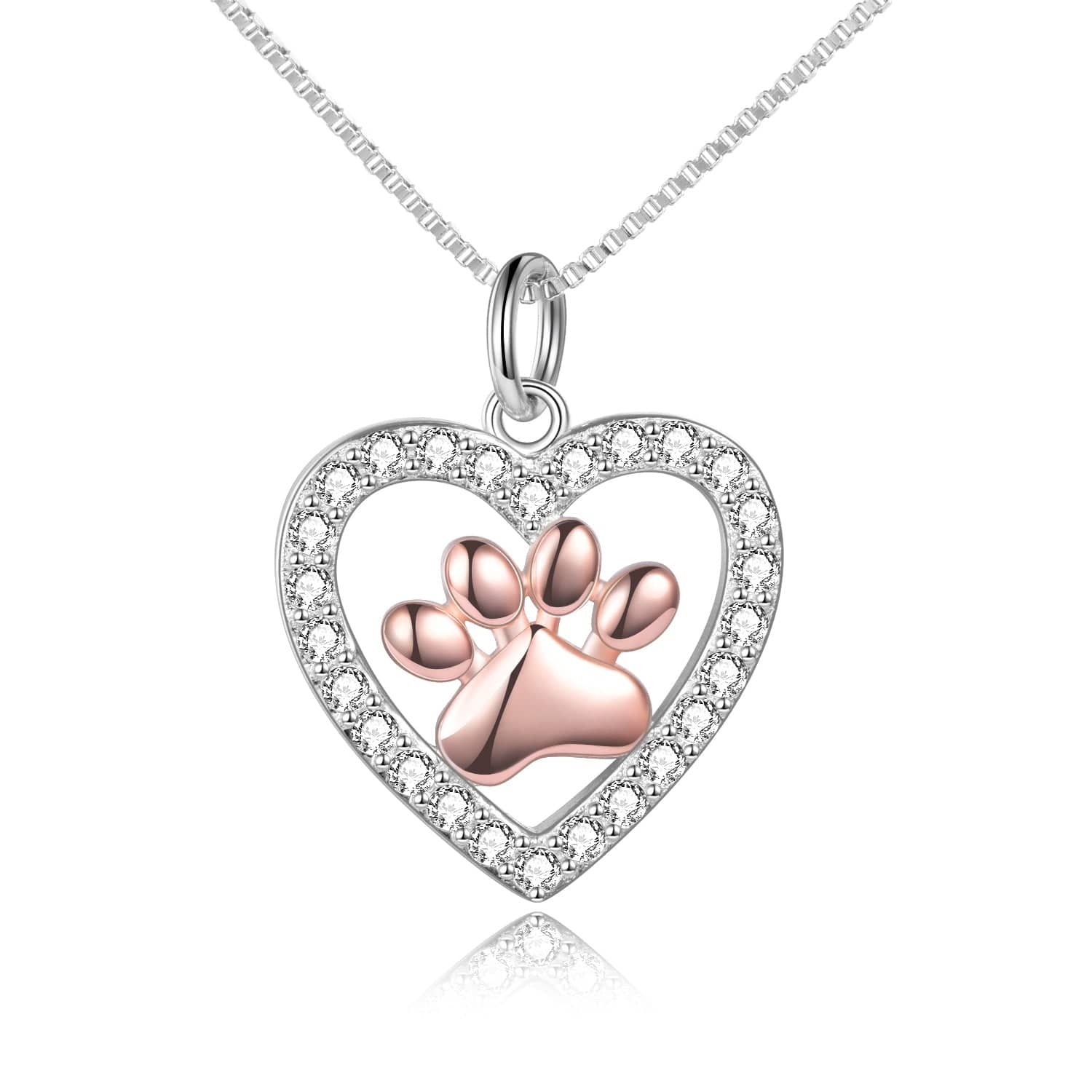 Sterling Silver Animal Paw on Heart Necklace Gold Plated Pet Paw CZ、mySite、g9winljtr