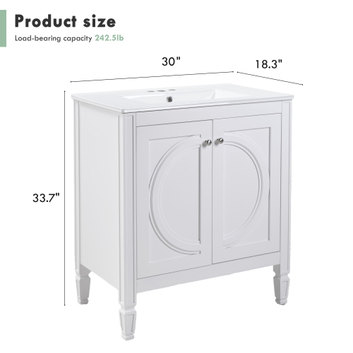 30" No Assembly Needed Vintage White Bathroom Vanity with Ceramic Sink,Two Soft-Close Doors & Adjustable Shelf,Modern Farmhouse Style、、xpatfood