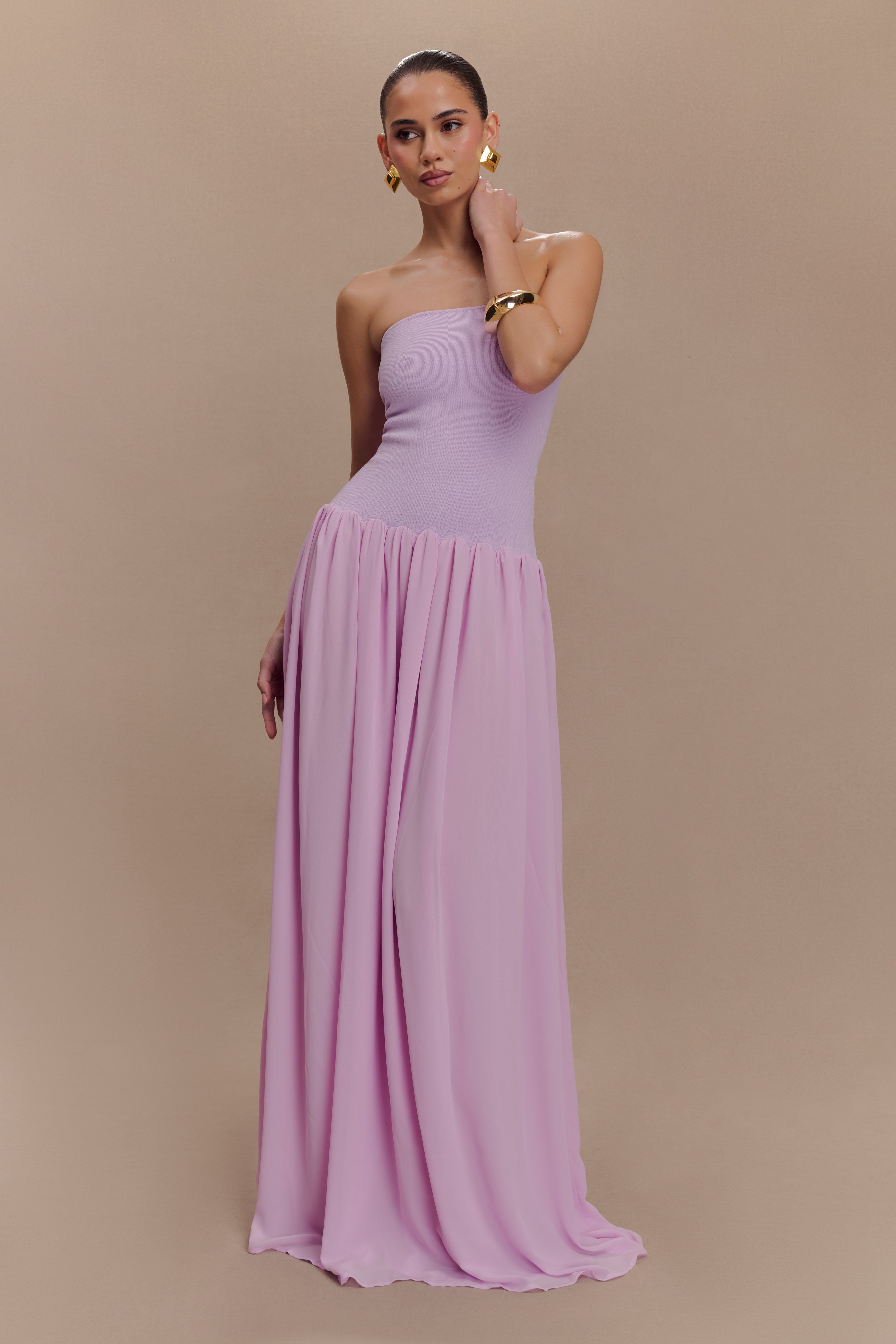 Lyanna Knit And Chiffon Strapless Maxi Dress - Lilac、mySite、solidvoid