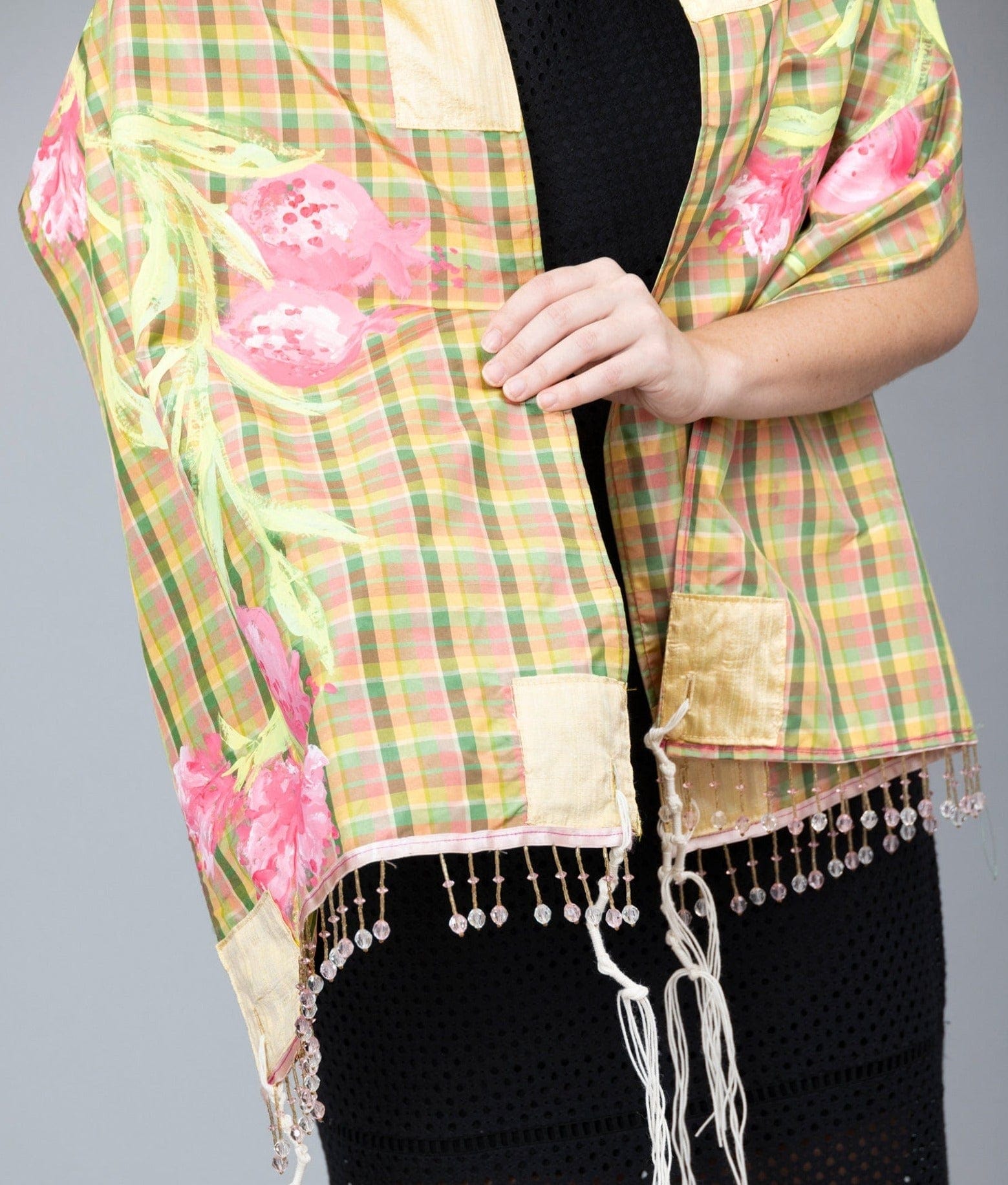 Pink, Green, and Yellow Silk Plaid Tallit with Hand-Painted Pomegranate Design、mySite、topwebapps
