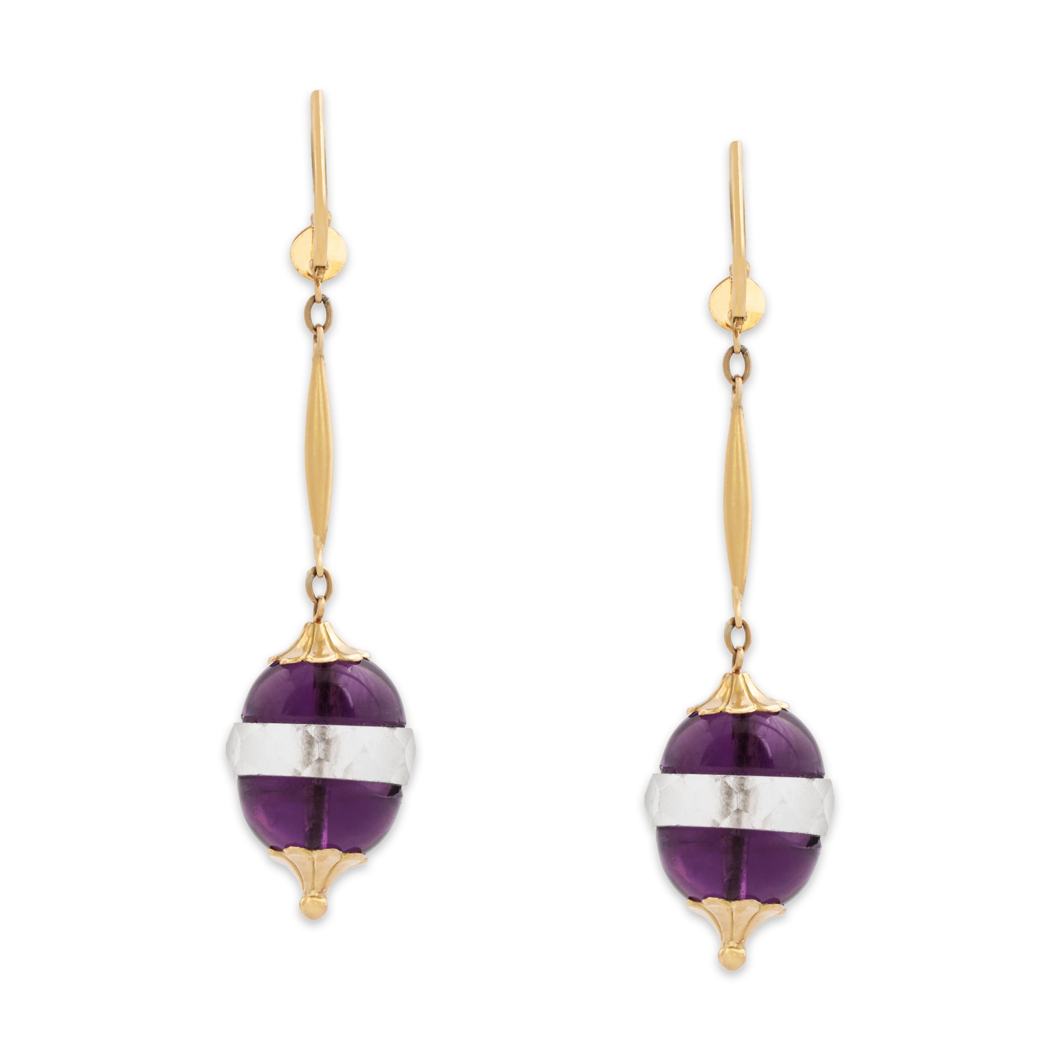 Vintage Large 18k Yellow Gold Purple & Translucent Glass Bauble Dangle Earrings、mySite、hinf8tx79