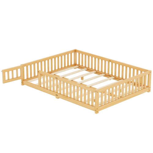 Twin Size Bed Floor Bed with Safety Guardrails and Door for Kids, Natural(Old SKU: W158090686)、、casual