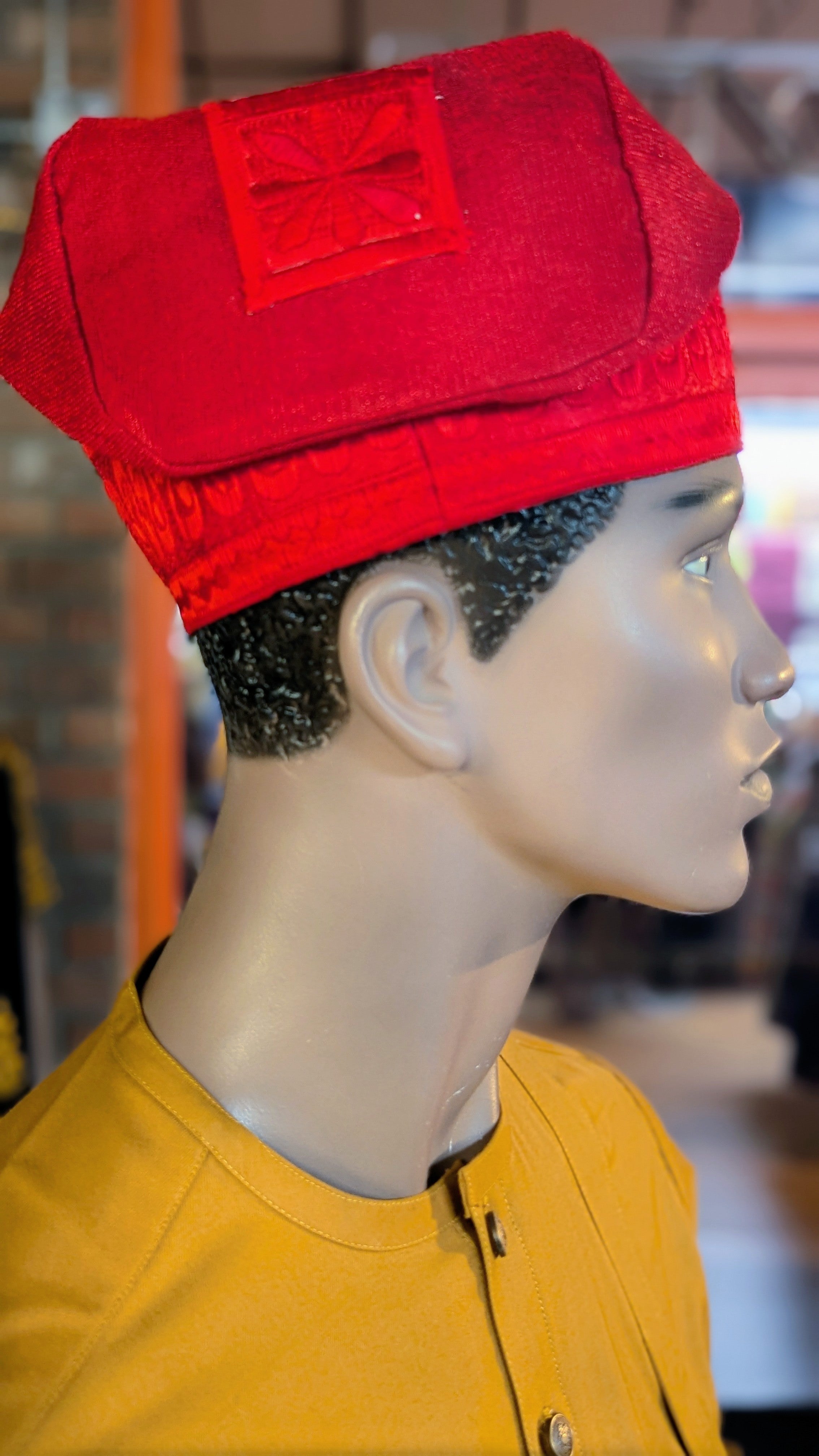 Dupsie's Adeniyi Red Aso Oke Fila Kufi Cap Hat DPH442、mySite、solidvoid