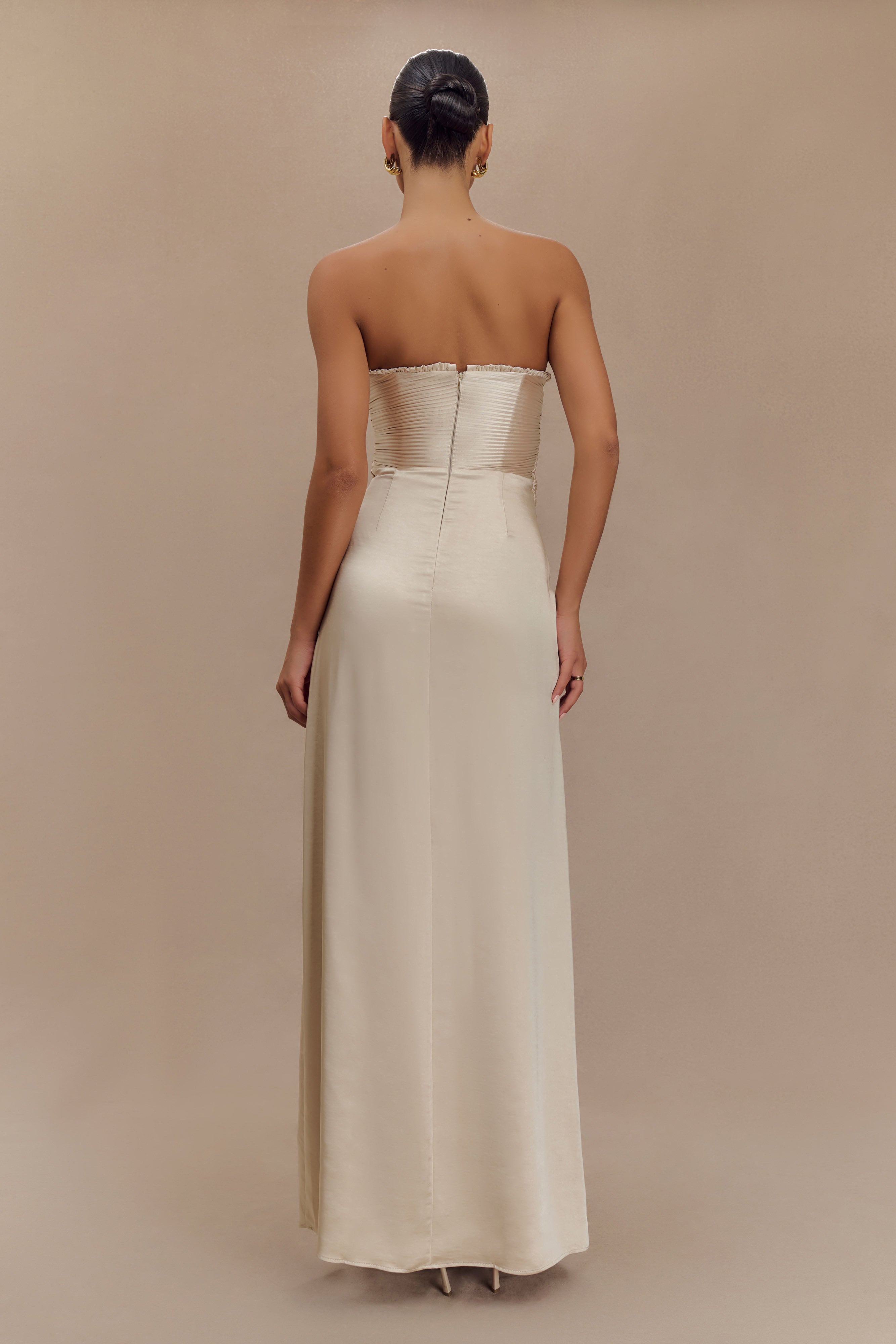 Larissa Satin Maxi Dress With Ruched Petals - Blush Gold、mySite、solidvoid