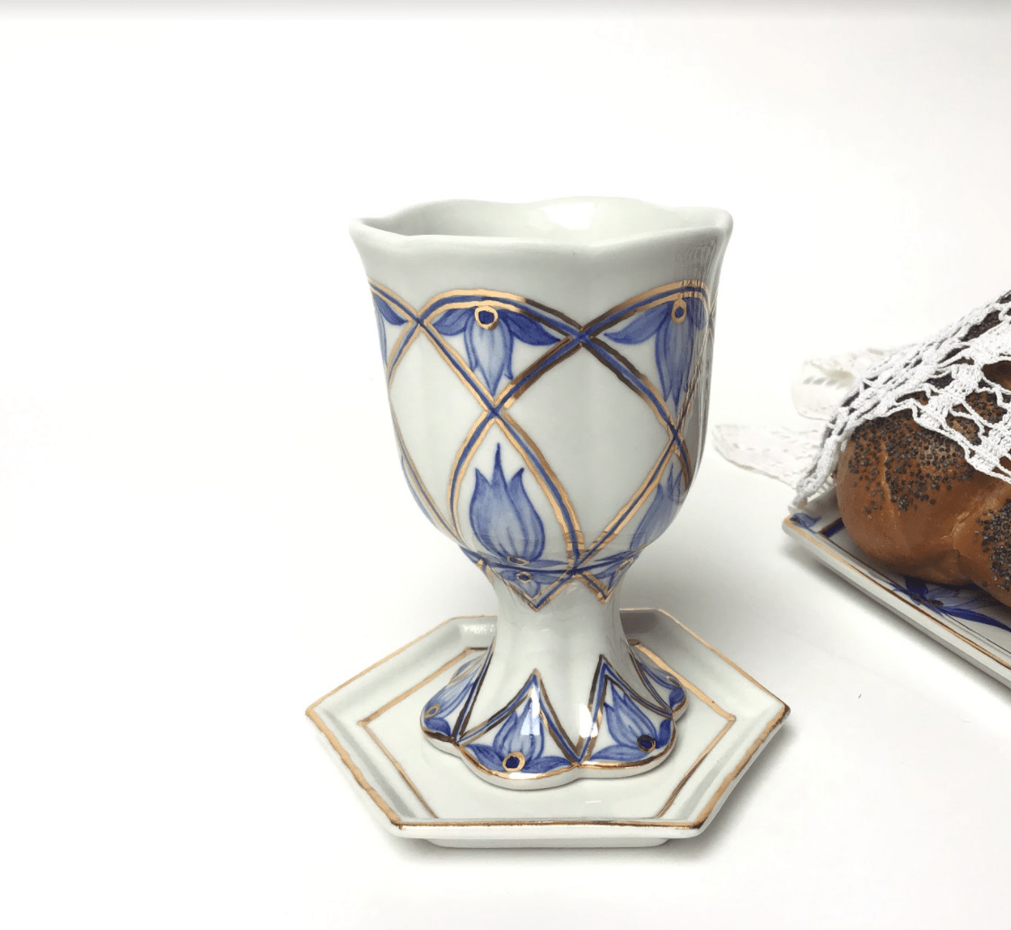 Modern Blue Floral Porcelain Shabbat Set - Kiddush Cup and Candlesticks、mySite、topwebapps