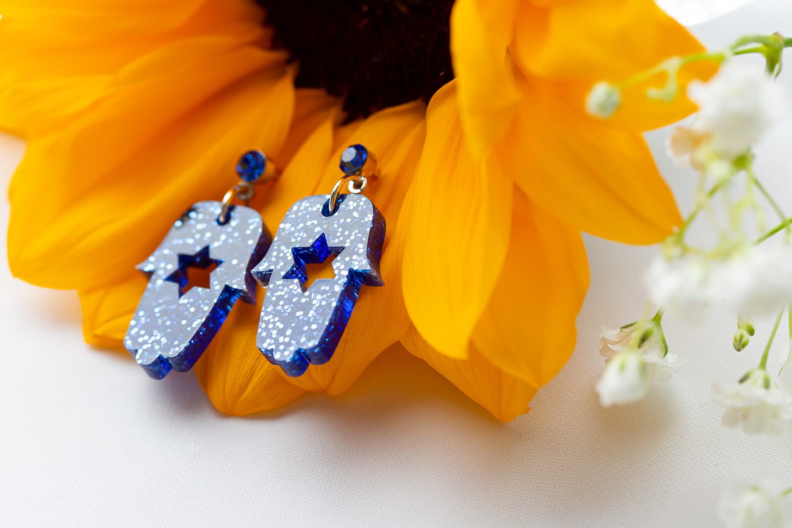 Blue Ice Bat Mitzvah Mini Hamsa Dangle Earrings、mySite、topwebapps