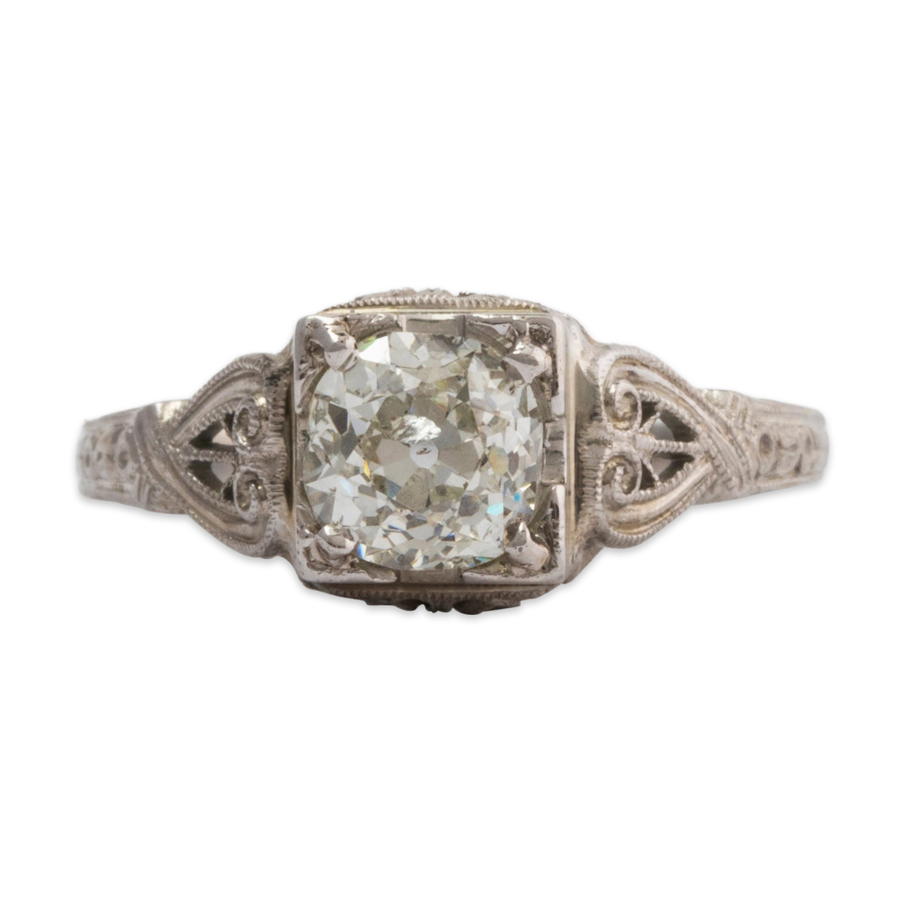 Antique 18k White Gold 1.07ct Old Mine Diamond Filigree Engagement Ring Size 6.5、mySite、hinf8tx79