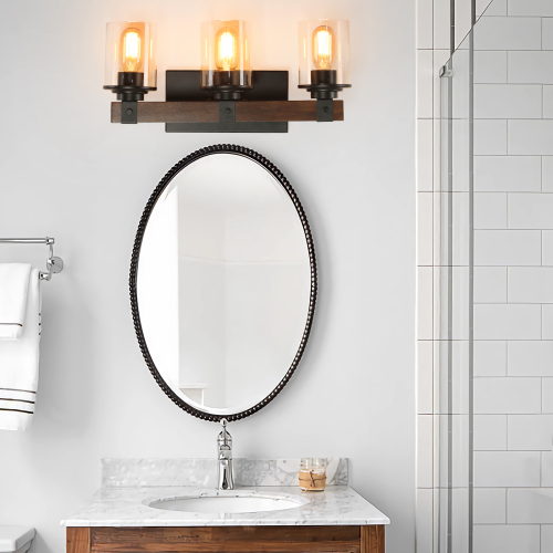 50" Rustic 7-Light Vanity Light, Industrial Bathroom Wall Sconce with Glass Shades and Wood Accent, Modern Farmhouse Lighting Fixture (No Bulbs)、、eastwooduniform
