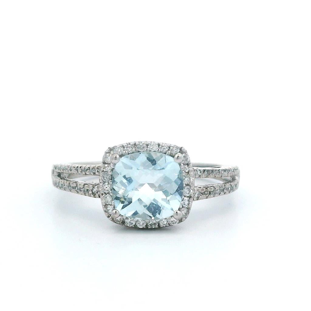 Estate 14K White Gold 1.62ctw Cushion Aquamarine & Diamond Halo Ring、mySite、botmansion