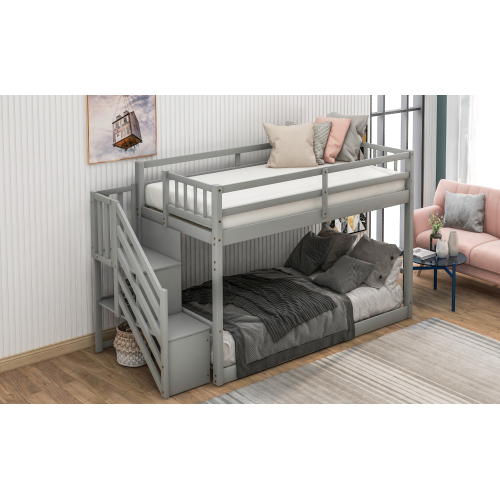 Twin over Twin Floor Bunk Bed, Ladder with Storage, Gray、、casual