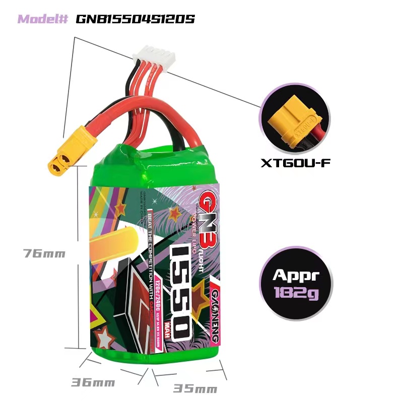 2PCS - GAONENG GNB 4S 14.8V 1550mAh 120C XT60 LiPo Battery
