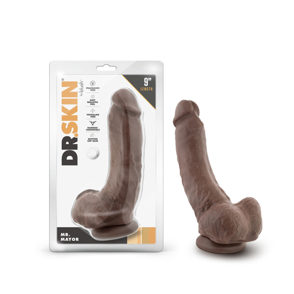 Dr. Skin By Blush® | Mr. Mayor Realistic Curved Chocolate 9-Inch Long Dildo With Balls & Suction Cup Base、mySite、bottomscart