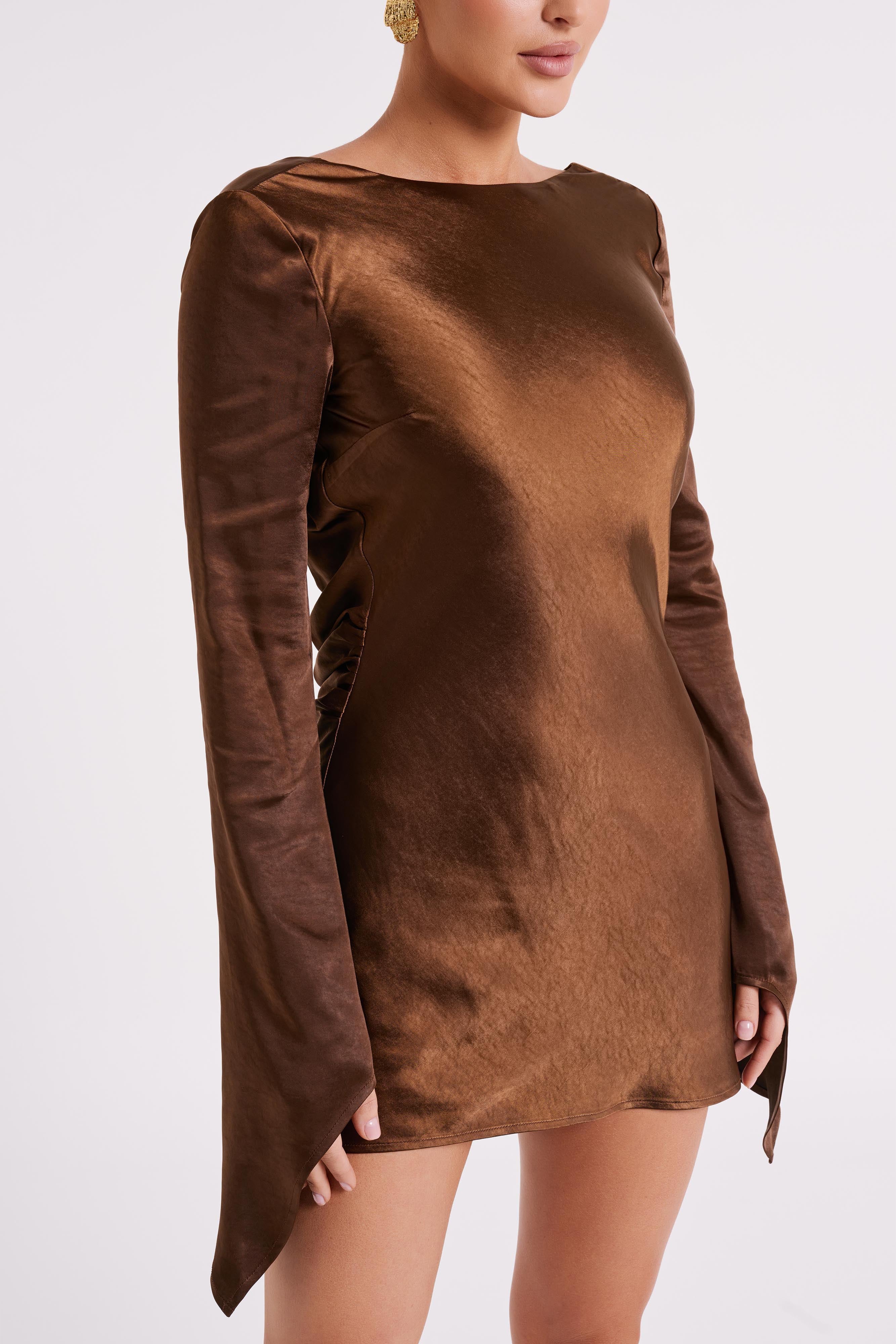 Davina Satin Long Sleeve Mini Dress - Dark Brown、mySite、solidvoid