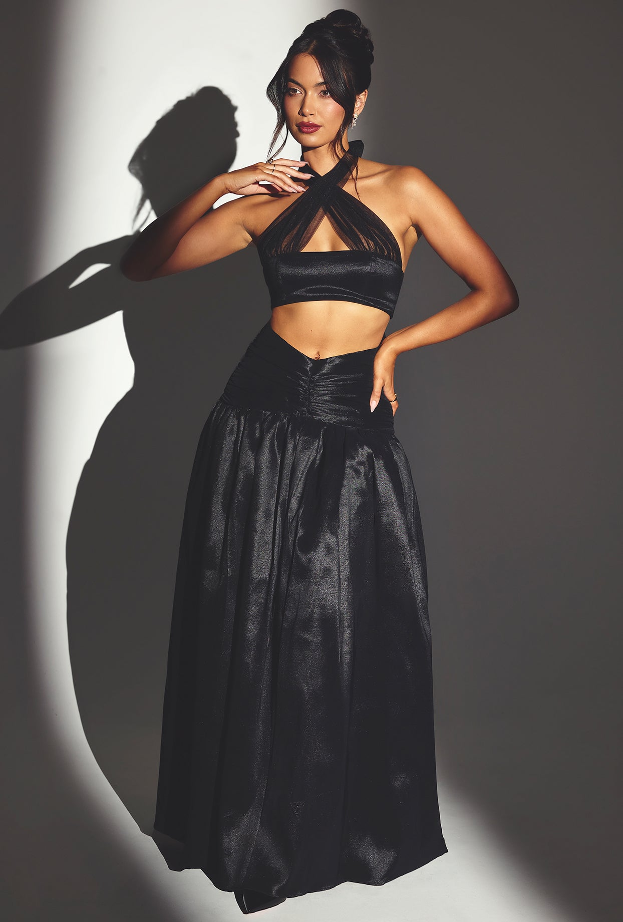 Woven Twill Voluminous Maxi Skirt in Jet Black、mySite、solidvoid