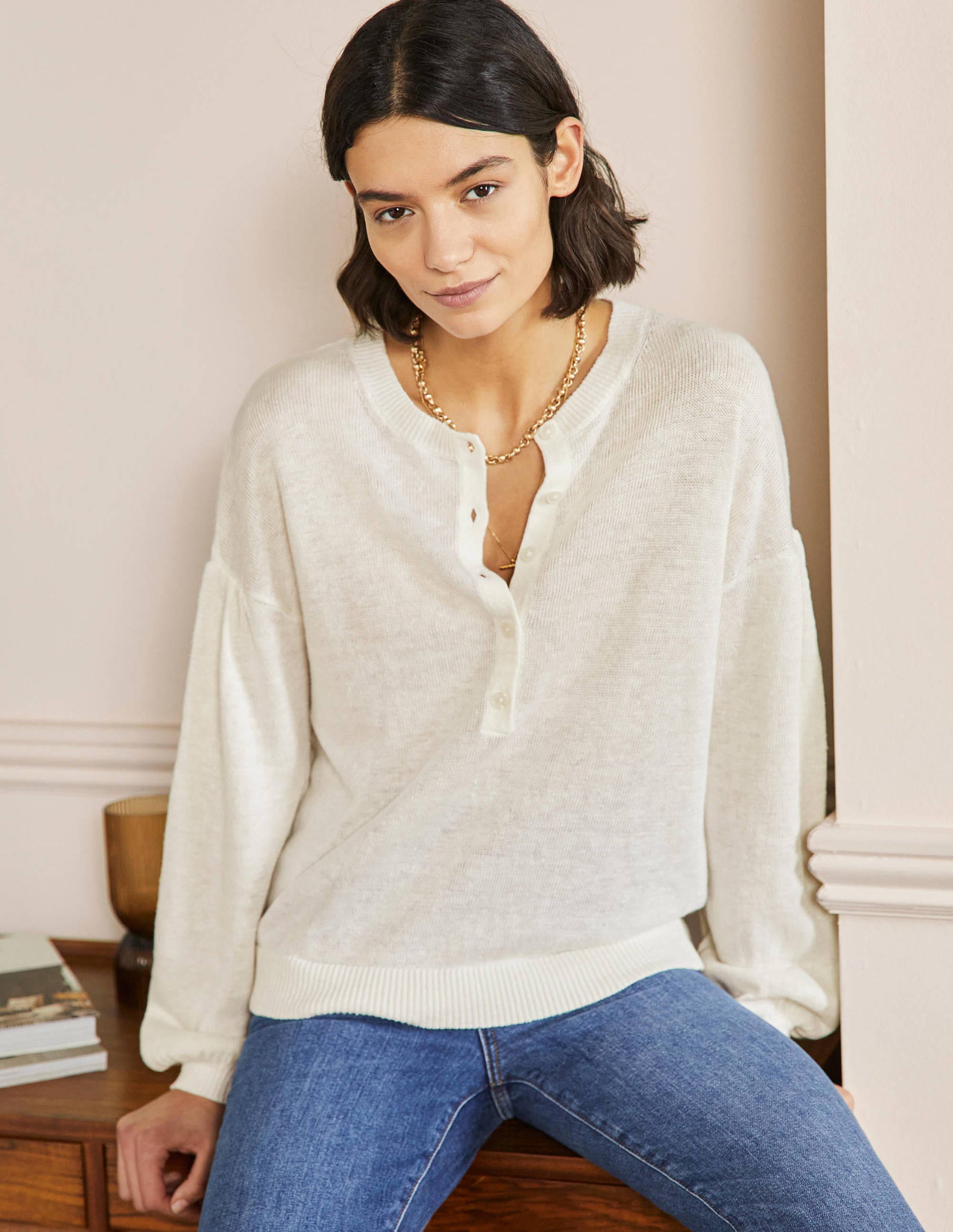  Leandra Linen Henley Jumper-Ivory、mySite、ashleygrahame