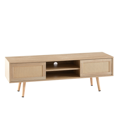 41.34" Rattan Coffee table, sliding door for storage, solid wood legs, Modern table for living room , natural、、casual
