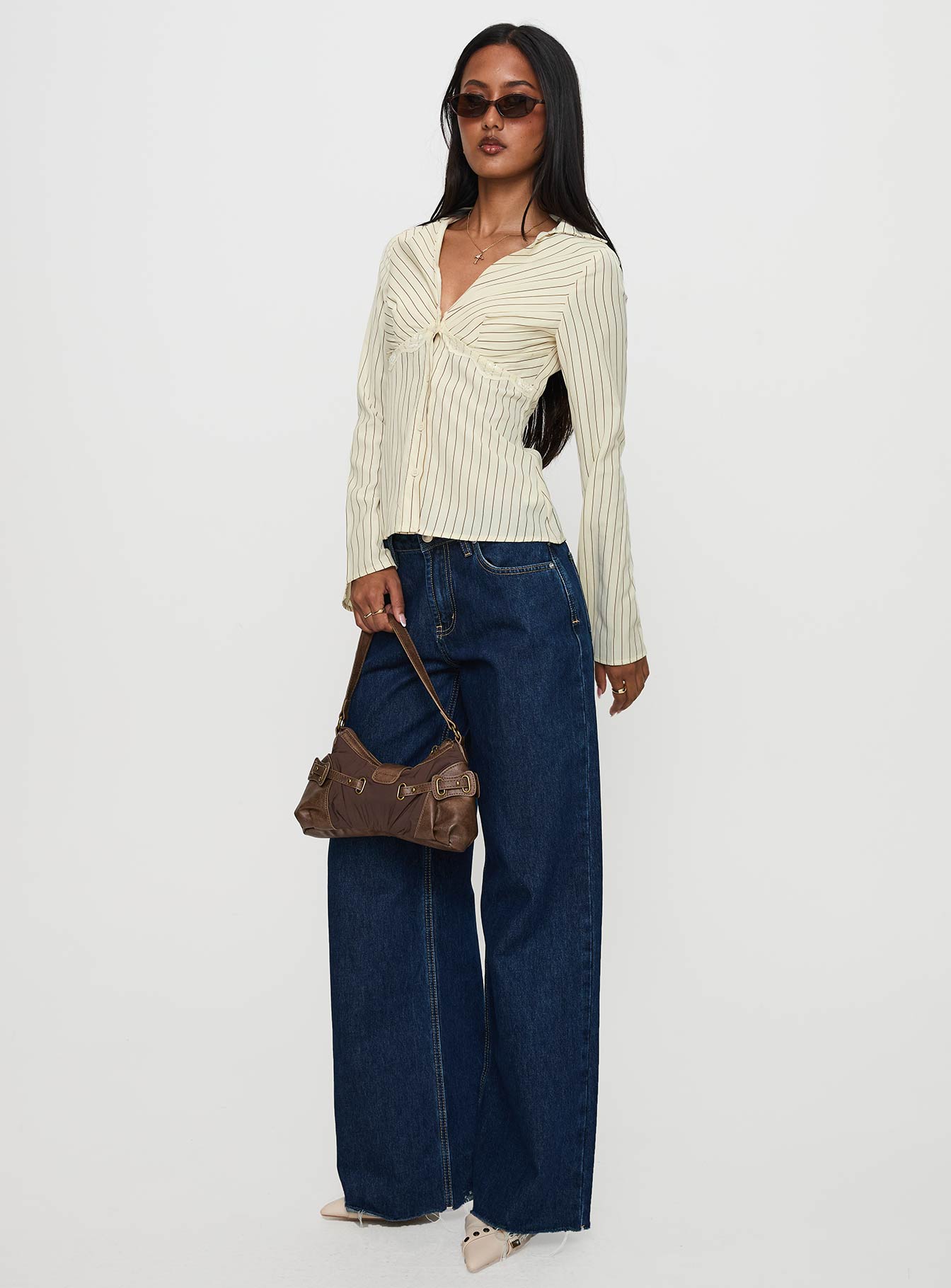 Life Begins Long Sleeve Lace Trim Top Cream Stripe、mySite、solidvoid