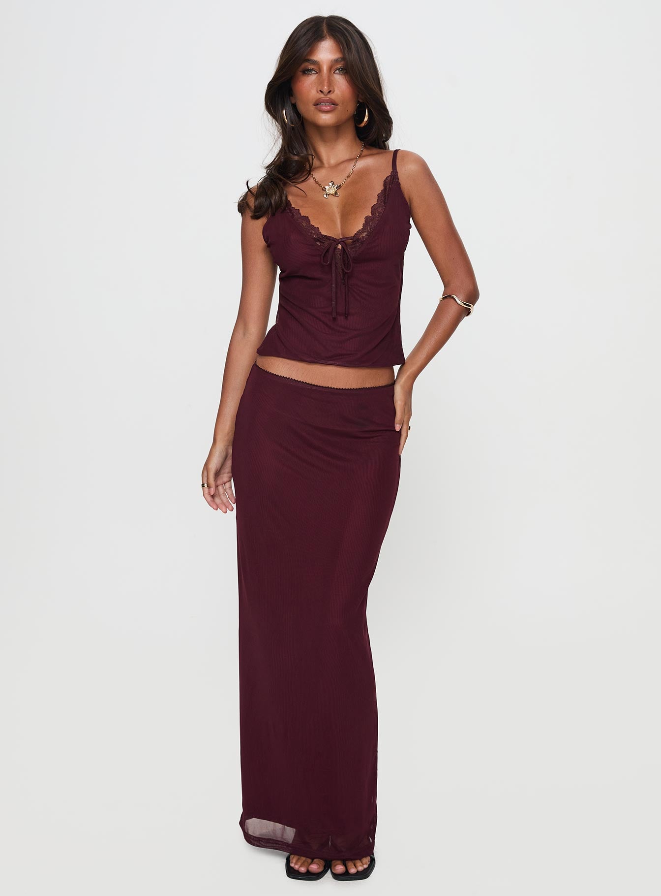 Reiko Lace Trim Tie Front Maxi Set Burgundy、mySite、solidvoid