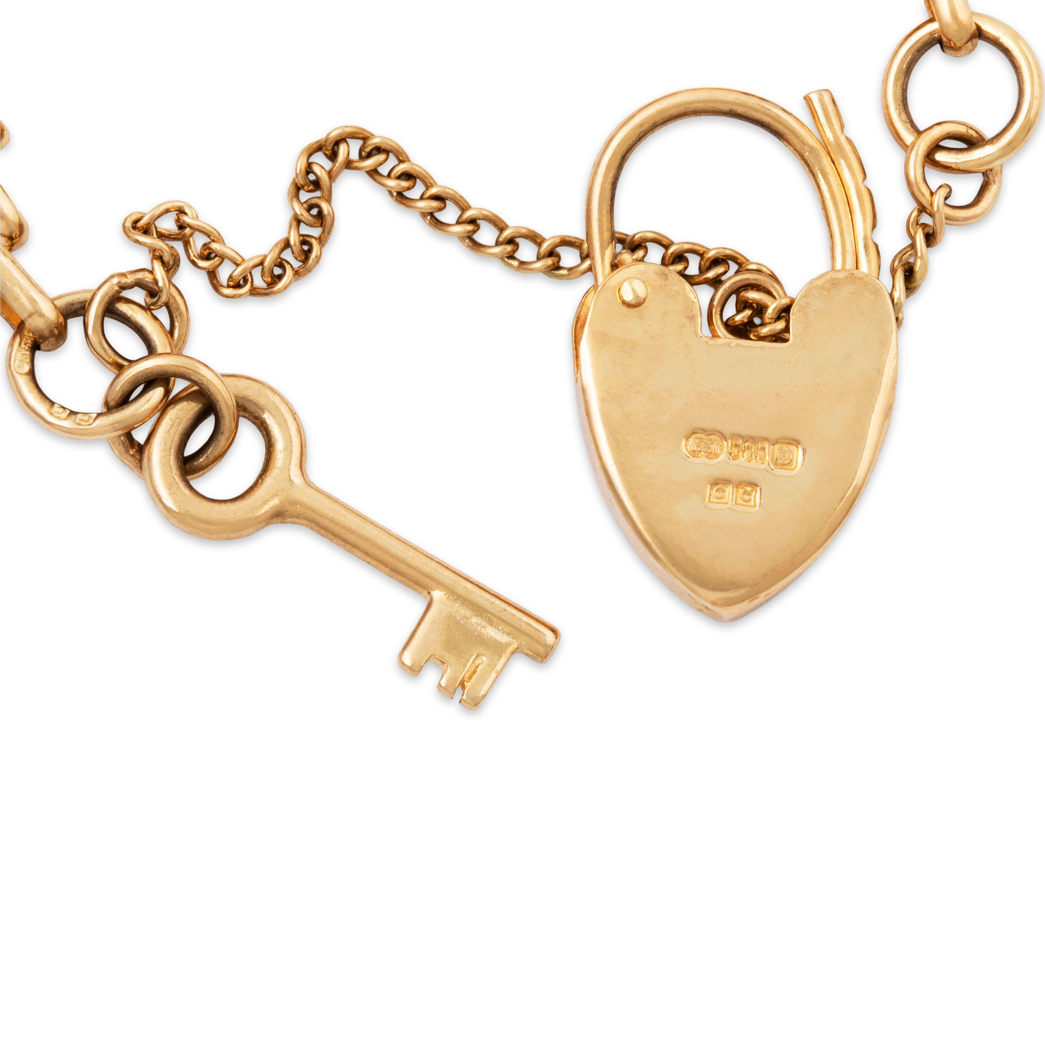 Vintage English 14k Yellow Gold Heart & Key Clasp Link Bracelet 7.25、mySite、hinf8tx79