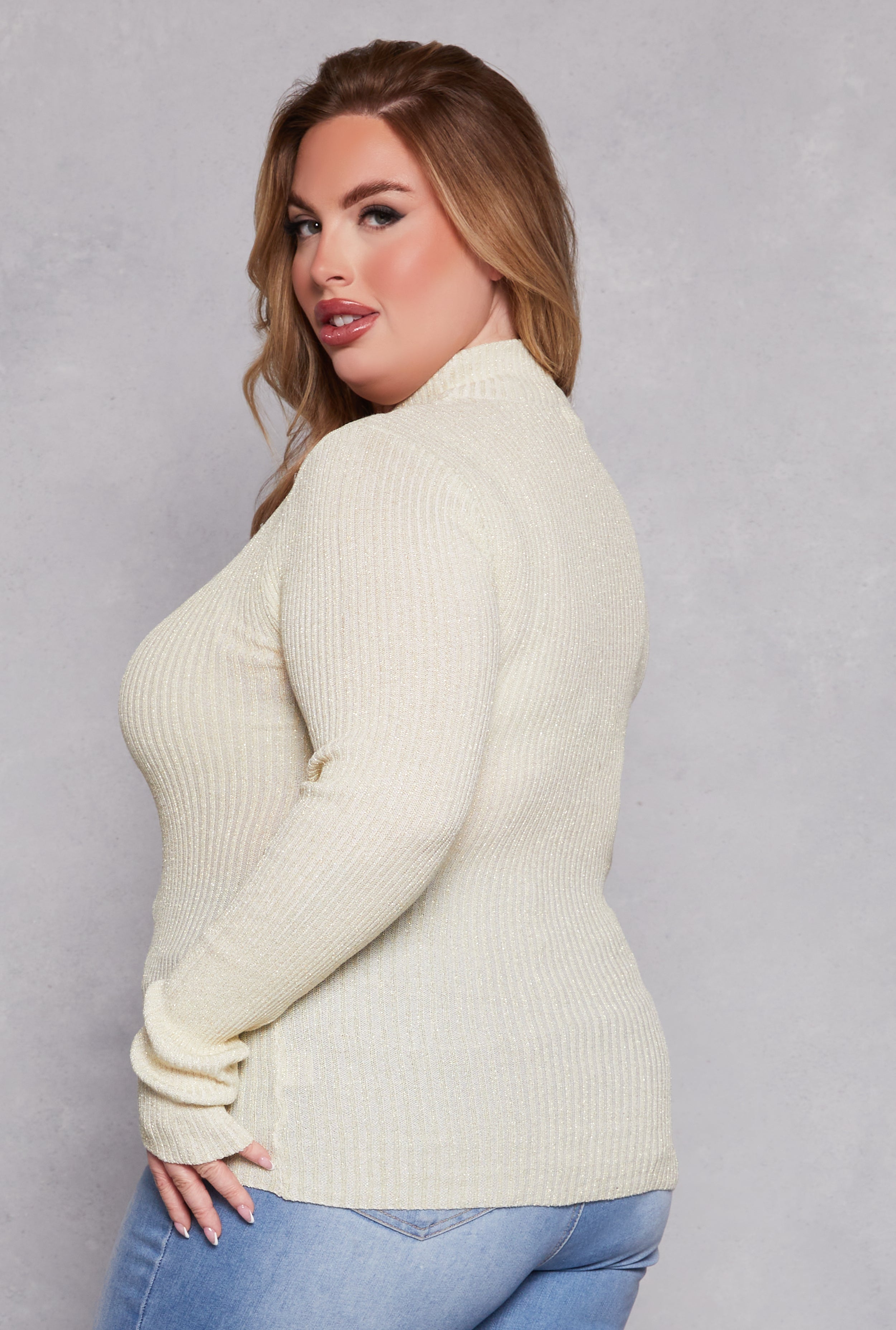 Plus Size Lurex Ribbed Mock Neck Sweater、mySite、camillekostekn