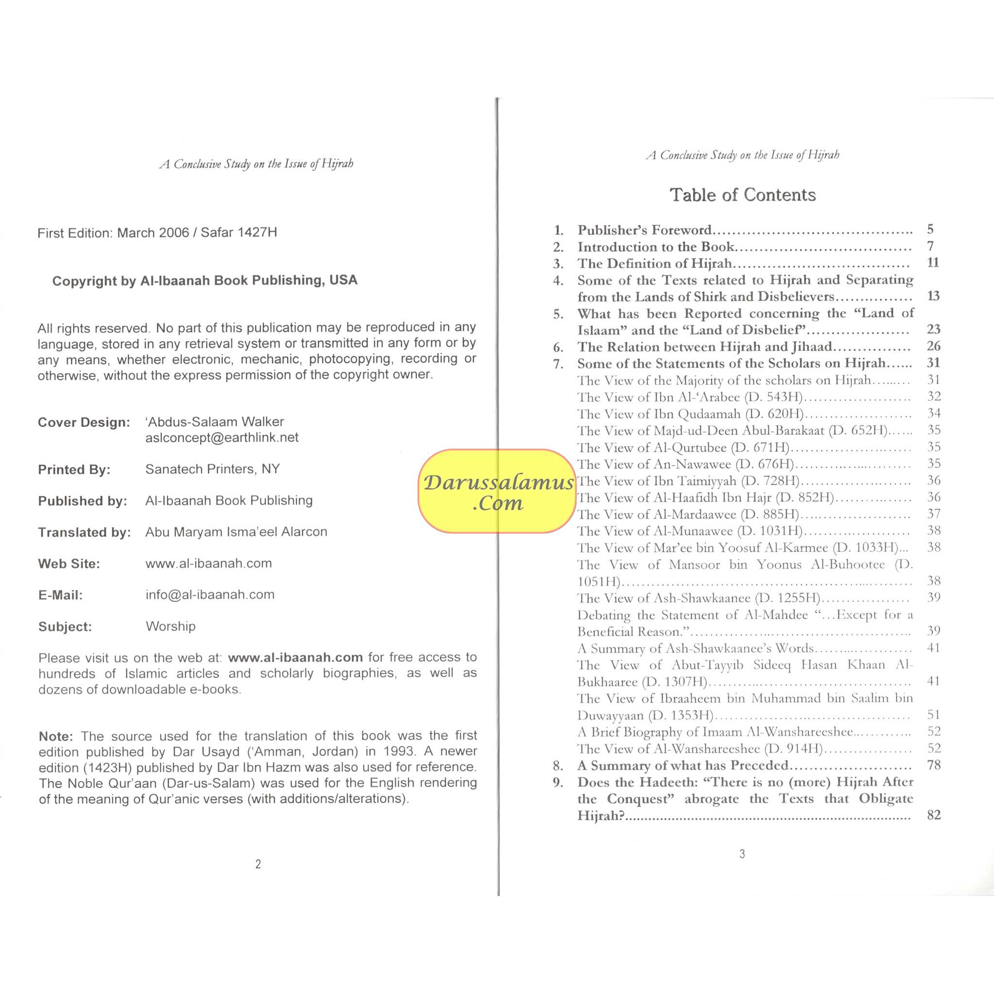 A Conclusive Study on the Issue of Hijrah and Separating from the Polytheists By Husayn bin 'Awdah Al-'Awaayishah、mySite、topwebapps