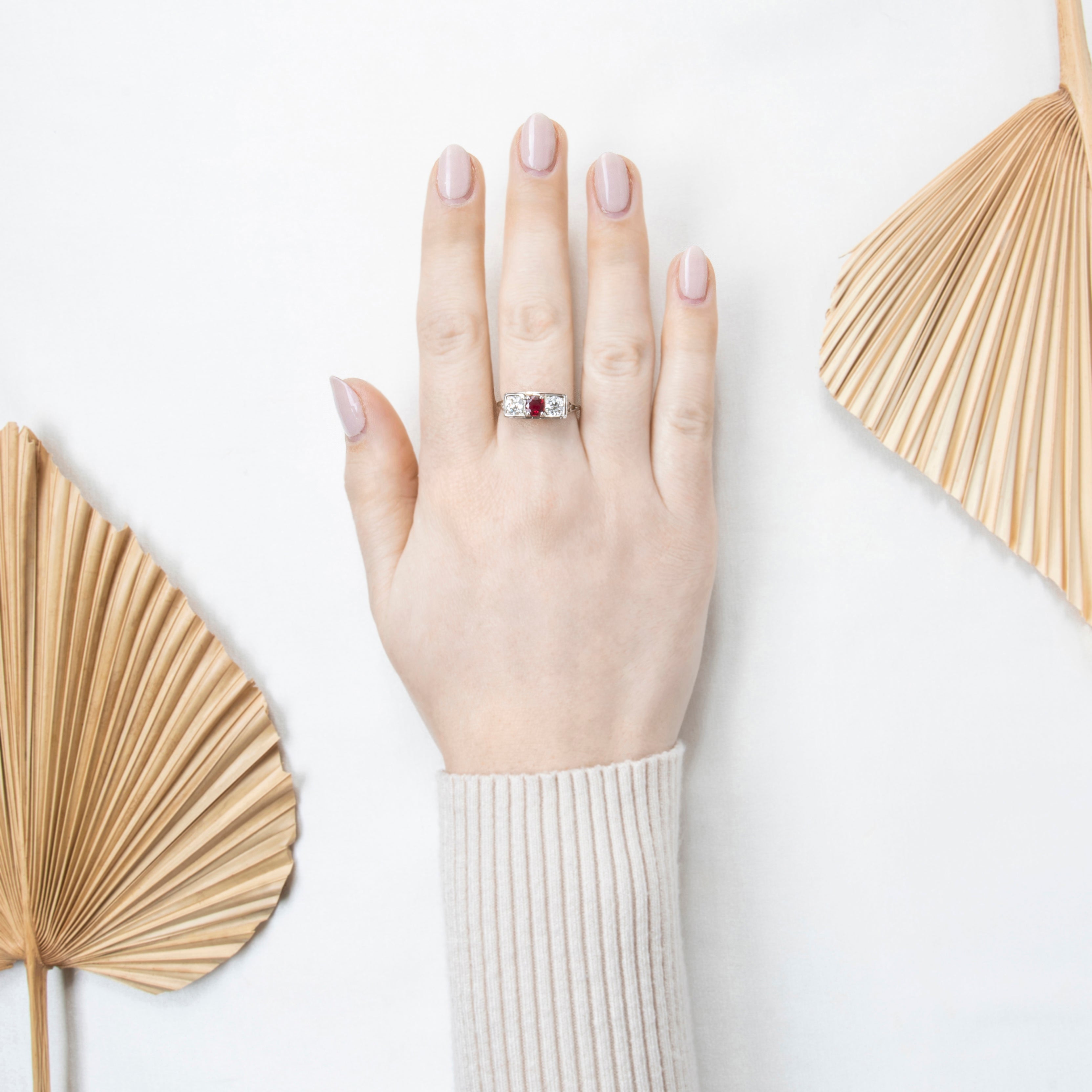 Antique Art Deco 18k White Gold .85cttw Diamond Ruby Openwork Trio Ring 9.00、mySite、hinf8tx79