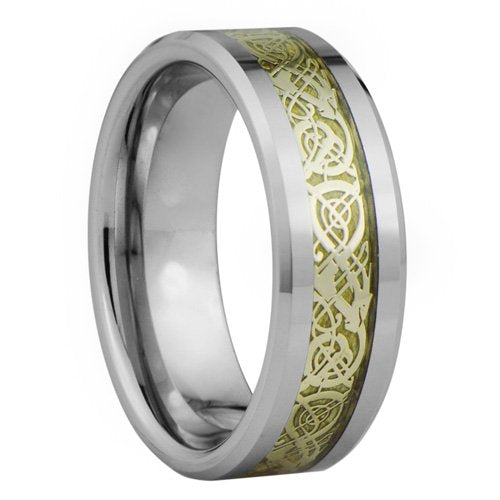 Jewelry Tungsten Carbide 8 mm Comfort Fit Flat Wedding Band Ring Celtic Dragon Gold Inlay、mySite、topwebapps