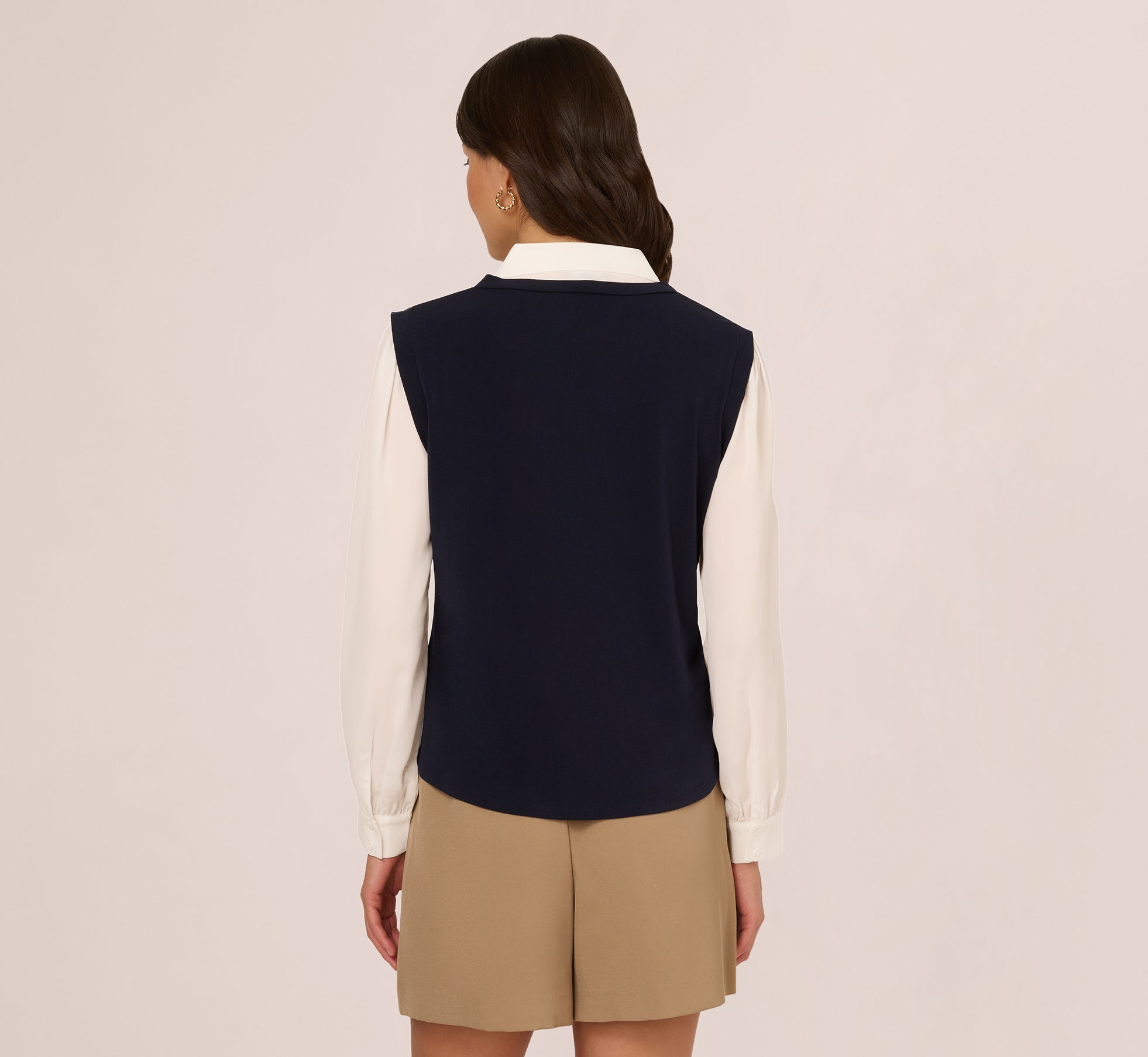Long Sleeve Collared Sweater Vest Twofer Top In Navy Ivory、mySite、solidvoid