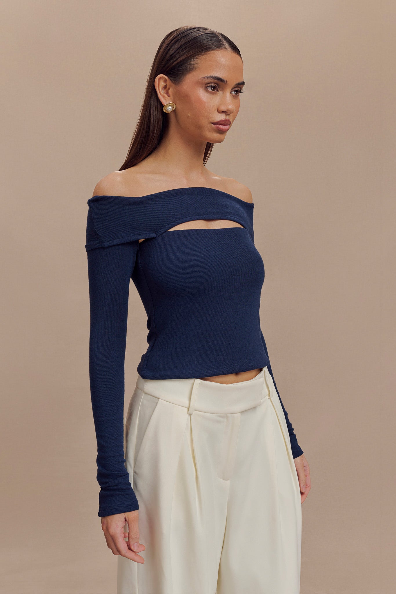 Briah Cut Out Modal Long Sleeve Top - Dark Navy、mySite、solidvoid