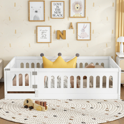 Twin Size Floor Bed with Heightened Safety Guardrails and Door, Solid Wood Bedframe with Rails for Girls, Boys, Teens, Child Bedroom, Kids Playroom, No Slats Included, White、、casual