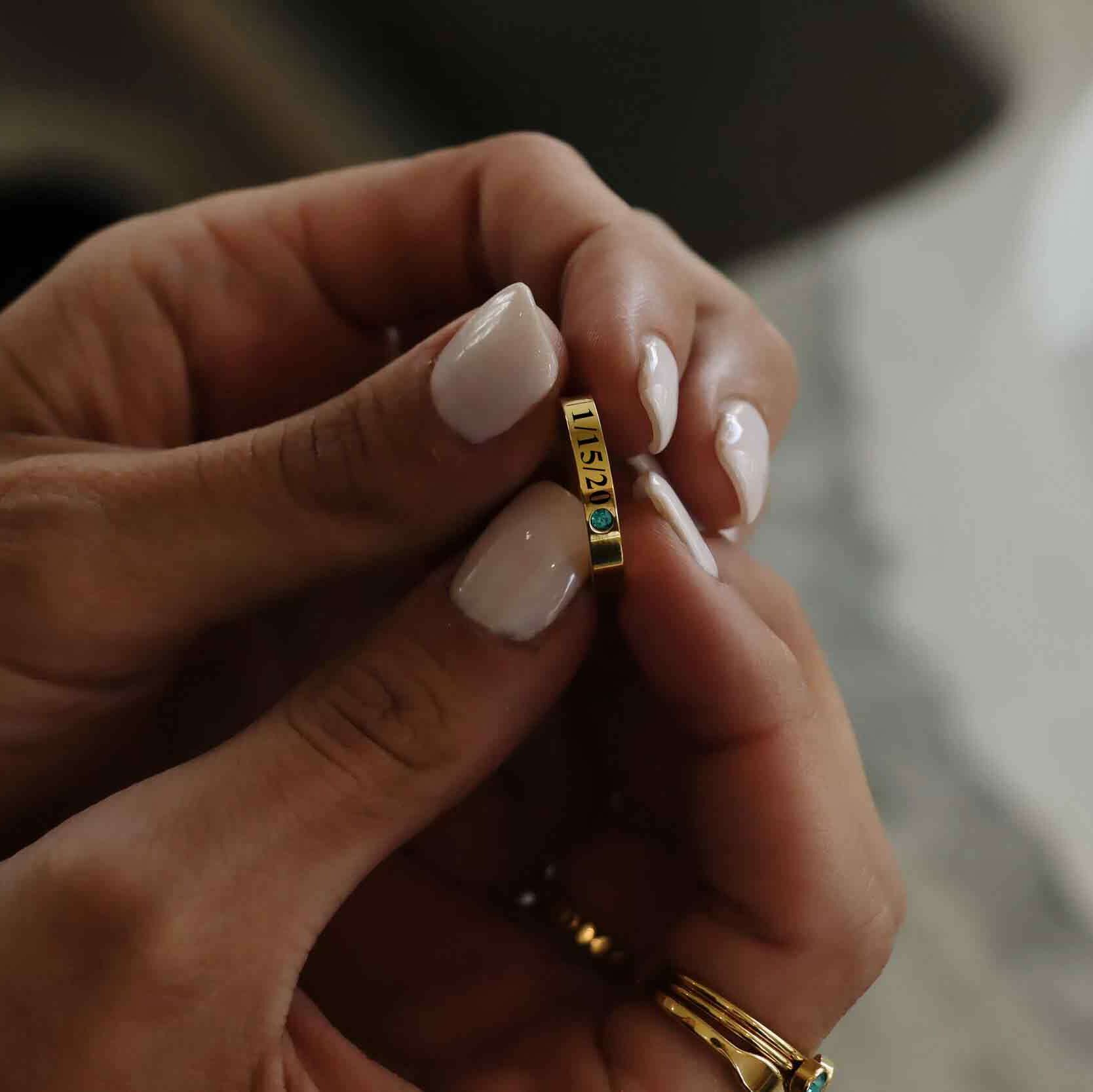 18K Gold PVD Stainless Steel Birthstone Engravable Stacking Ring / ZRJ1004、mySite、dreamappss