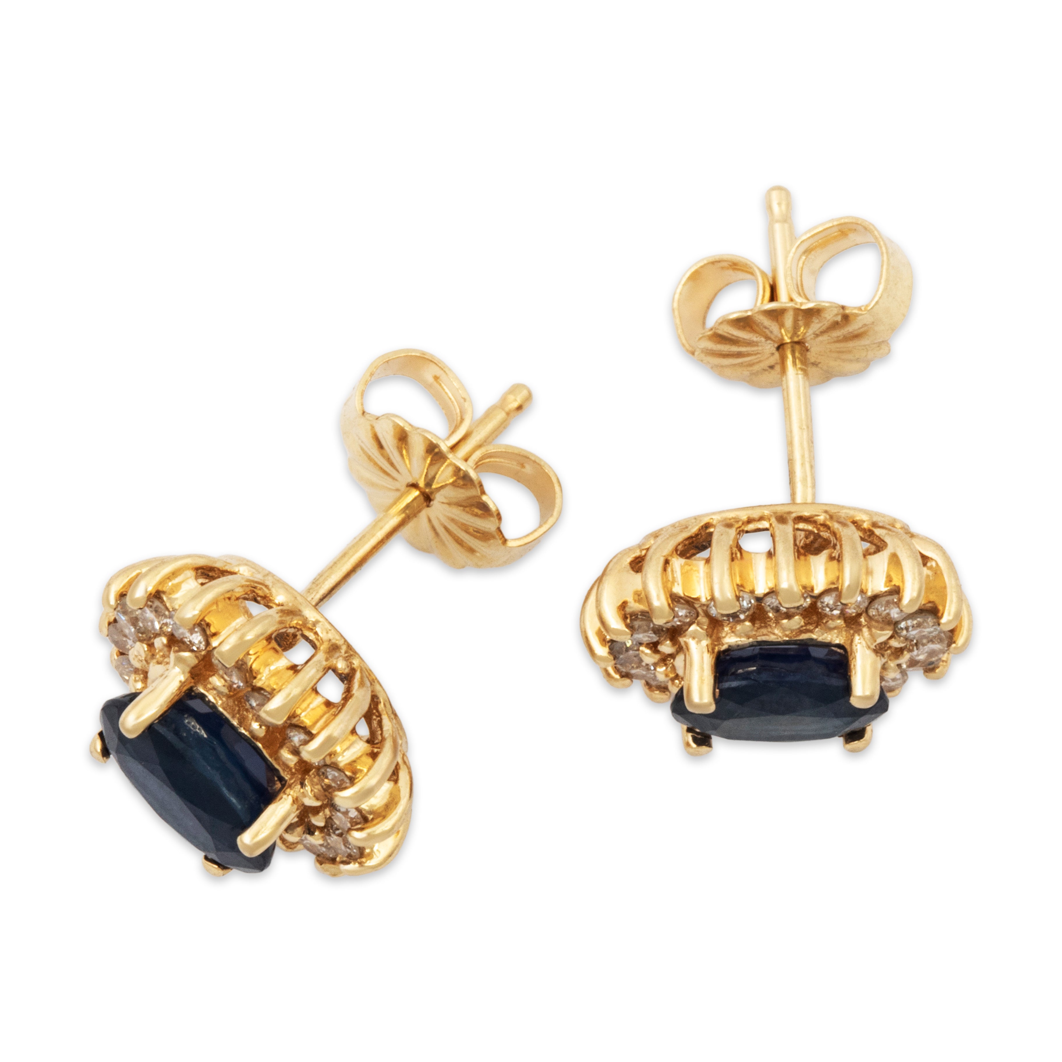 Vintage 14k Yellow Gold 1.4cttw Blue Sapphire Diamond Halo Stud Earrings、mySite、hinf8tx79