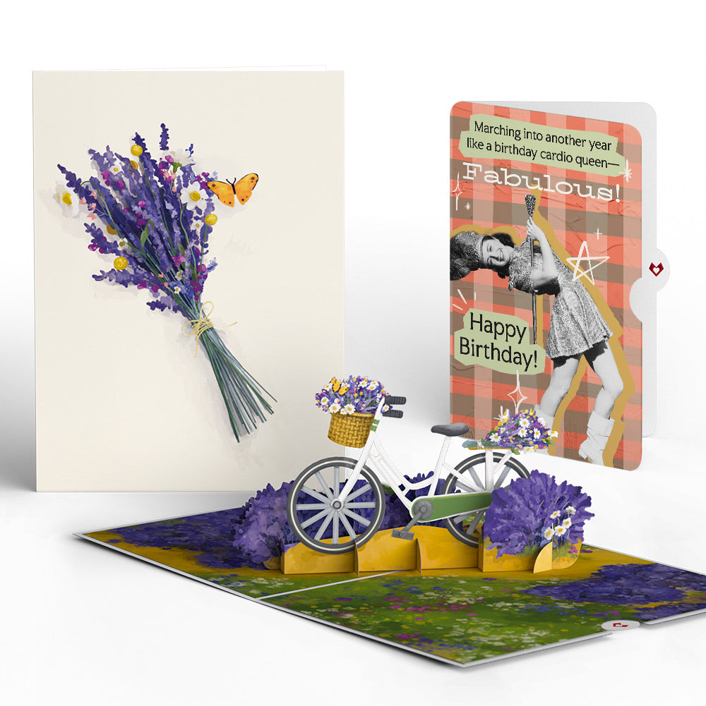Lavender Bicycle Birthday Pop-Up Card and Cardio Queen Sentiment Set、mySite、solidvoid