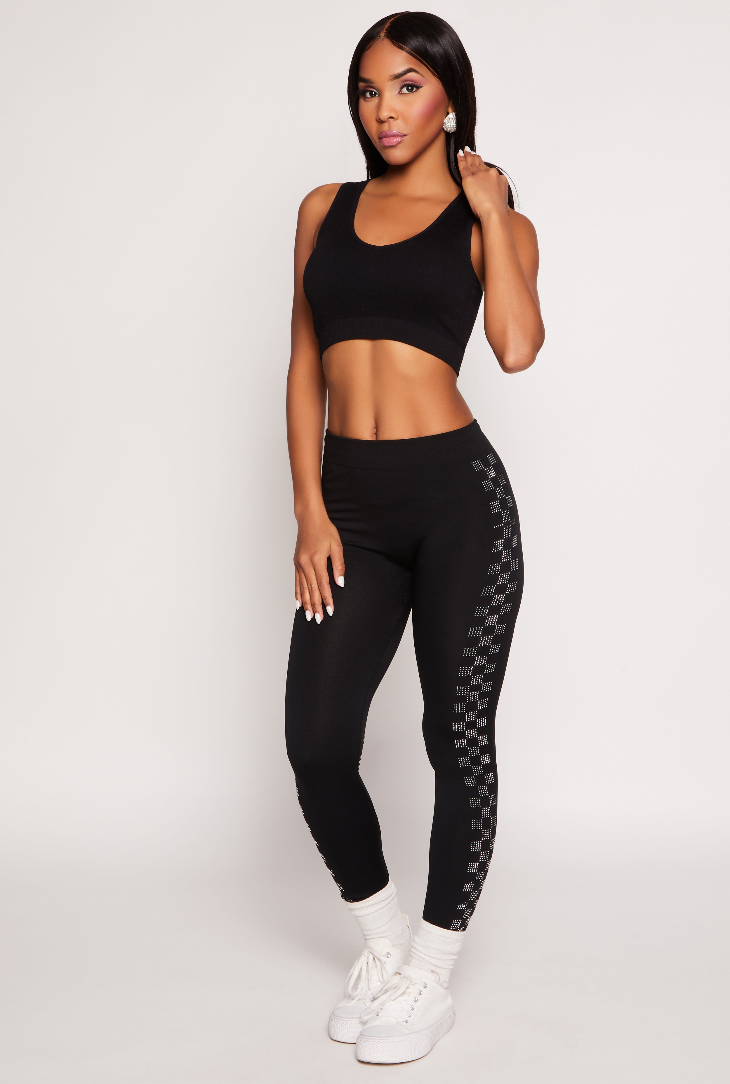 Seamless Checkered Rhinestone Detail Leggings、mySite、camillekostekn