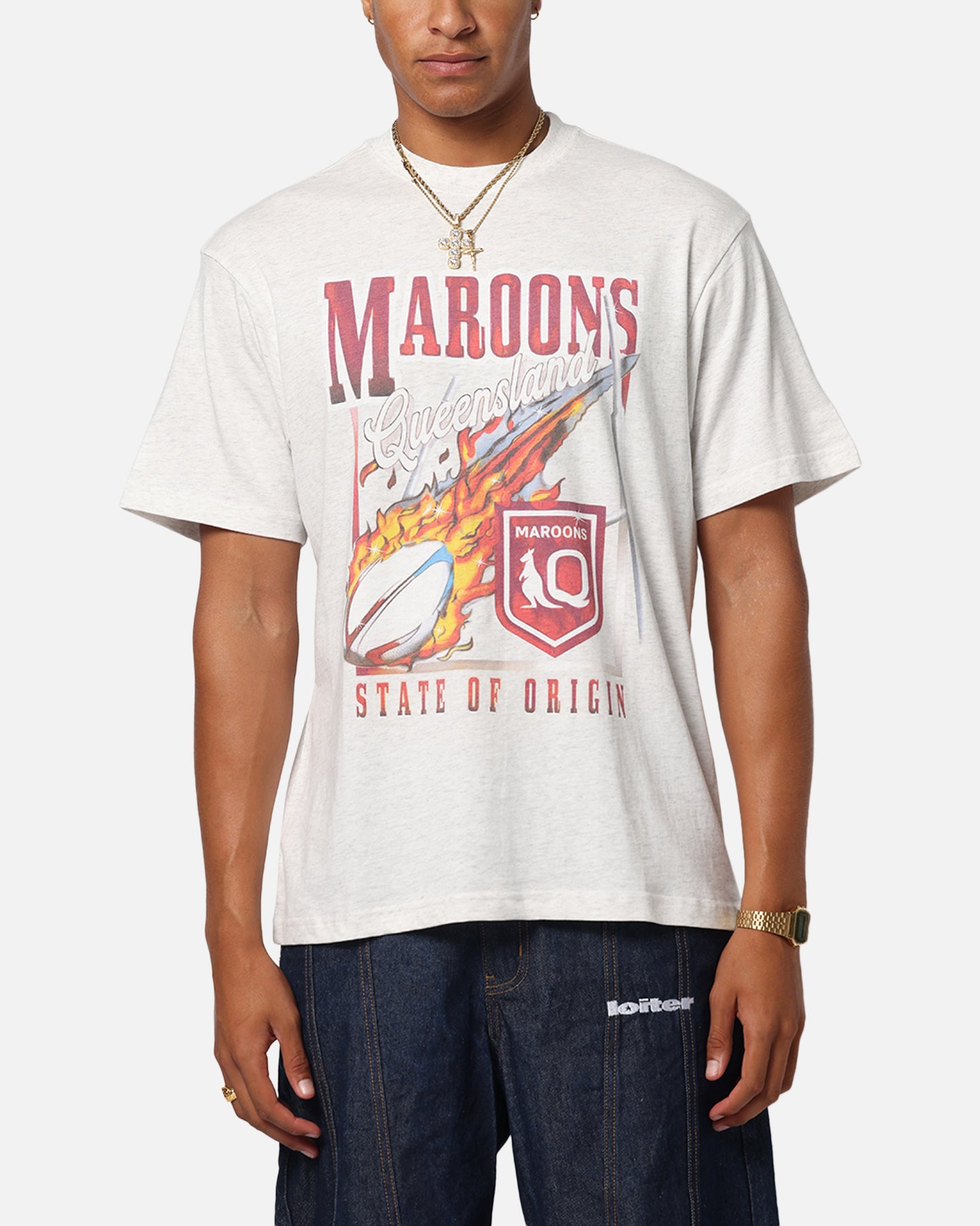 Queensland Ruby League Queensland Maroons Flaming Ball T-Shirt Silver Marle、mySite、zt4zffjzw